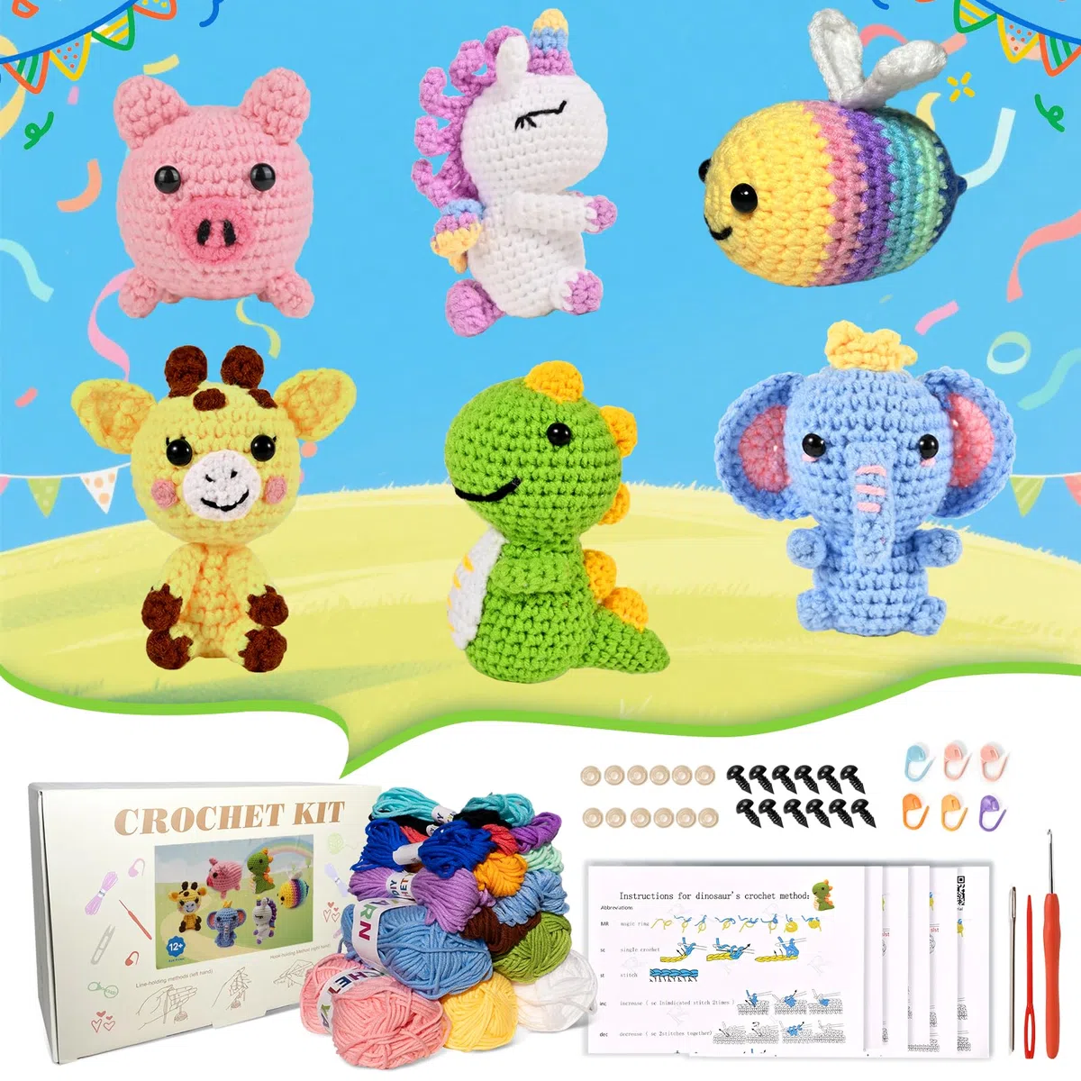 Alutaba 6Pcs Häkelset für Anfänger, Tier-Häkel-Set für Erwachsene und Kinder mit Videoanleitungen, DIY Strick-Set für Häkelliebhaber, Tolles Geburtstags- und Festtagsgeschenk Handgemachtes Geschenk