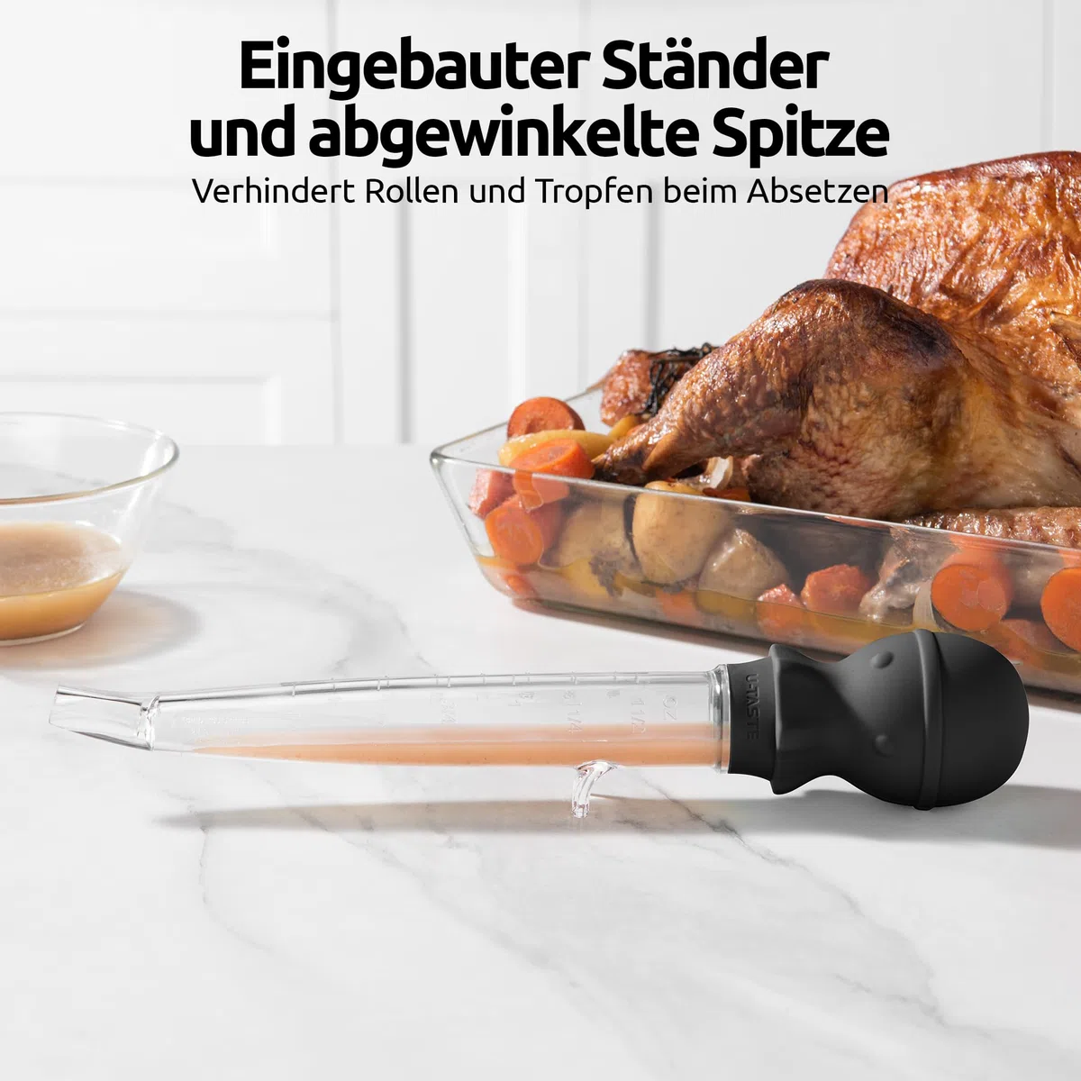109℃ Hitzebeständige Große Abgewinkelte Bratenspritze: U-Taste Tritan Putenfleisch-Fettpipette mit Silikon Oktopus-Saugkopf und Reinigungsbürste zum Kochen Braten Begießen (1.5 OZ/44 ML, Schwarz)