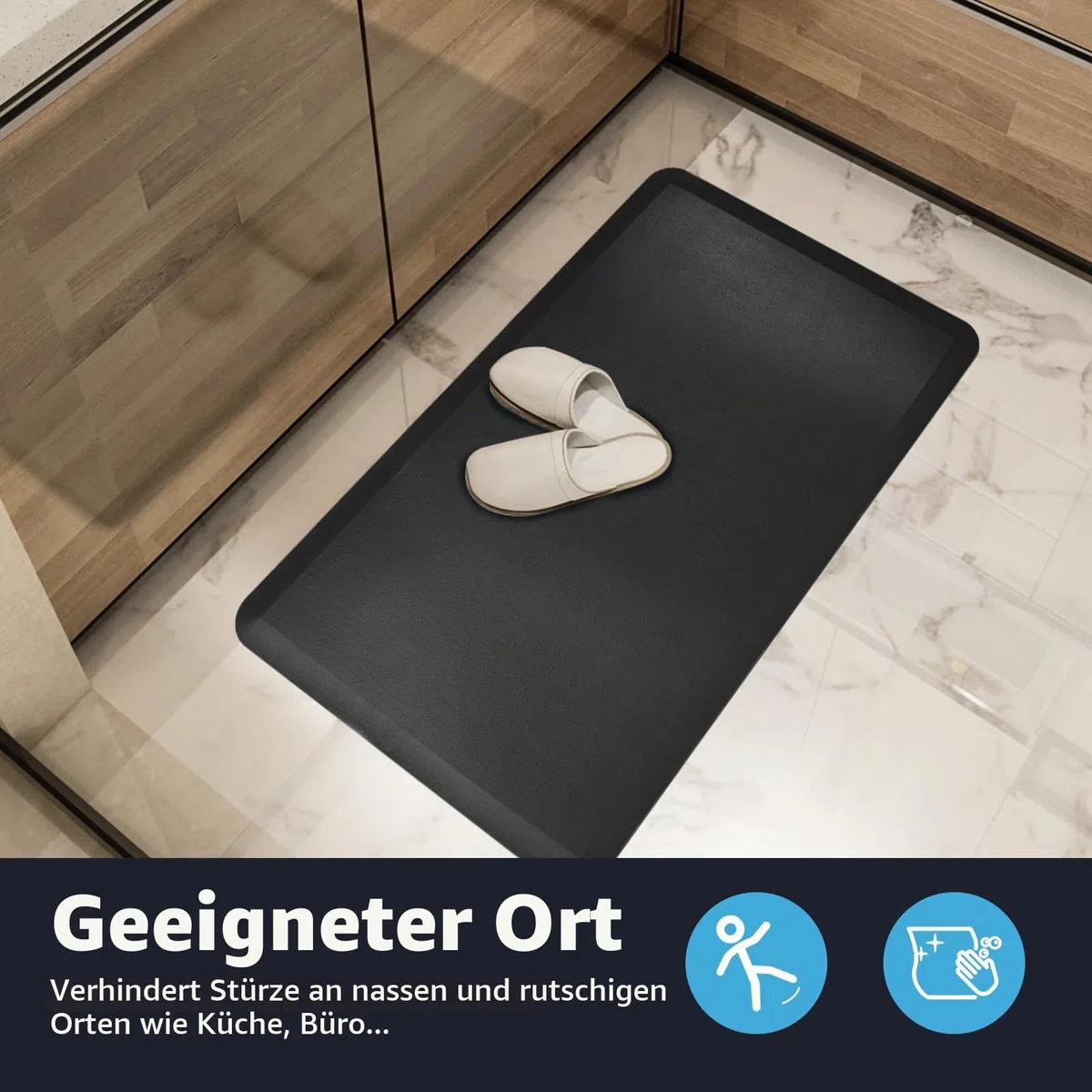 Art3d 1,9 cm Dicke Anti-Müdigkeit-Küchenmatte gepolsterte Küchenmatte rutschfestes Schaumstoff-Komfortkissen Stehpult Büro Garageboden 71 x 44 cm Schwarz