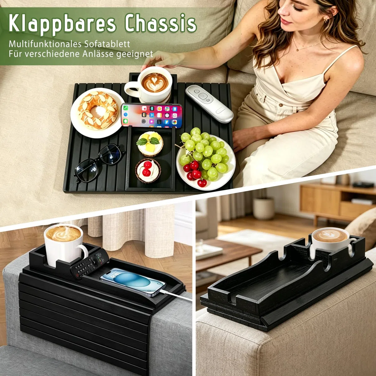 Sofatablett Armlehne, 44x34 cm 3-in-1 magnetisches abnehmbares Couch-Armlehnentablett, Sofa Tablett, Sofa Ablage mit Anti-Rutsch-Pad für Snacks/Handy/Control/Tassen (schwarz)