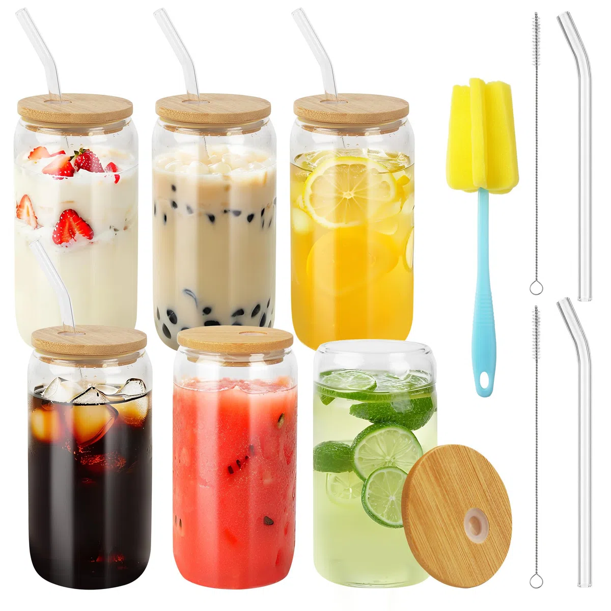 LCXCXY Packung mit 4 trinkgläser mit deckel, 450 ml gläser mit deckel und strohhalm, glas mit deckel und strohhalm, kann als cola becher, saftbecher, cocktailbecher, kaffeebecher verwendet werden