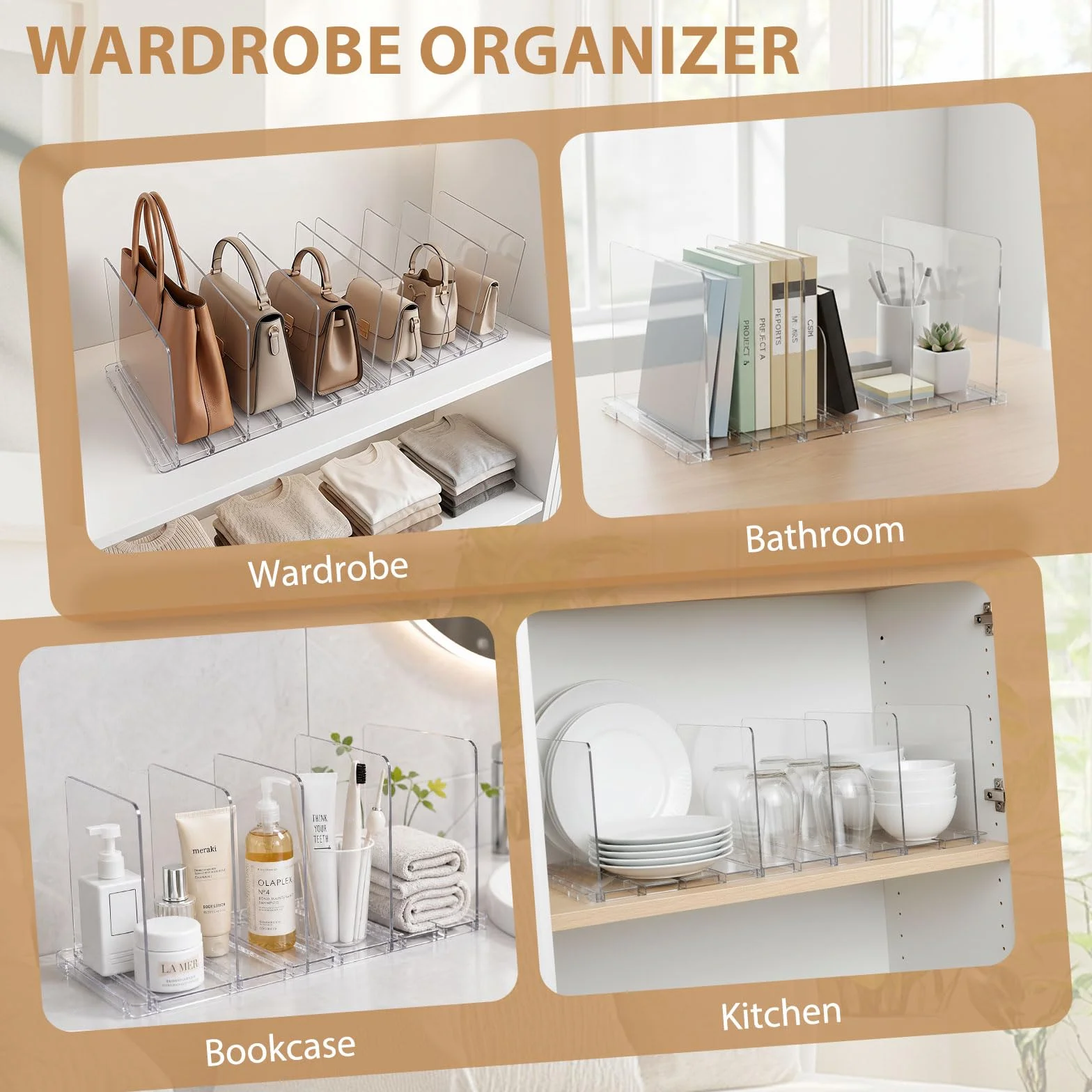 2 Stück Handtaschen Trenner 4 Kammer, Verstellbarer Acryl Regaltrenner, Transparenter Schrank Organizer, Abnehmbare Taschen Aufbewahrung für Kleiderschrank,Bücherregal