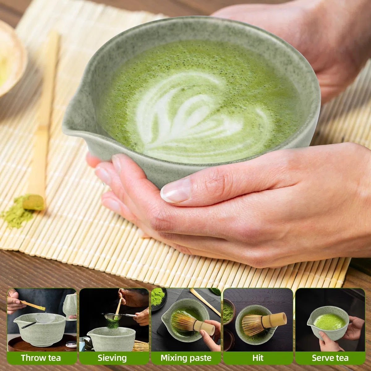 Matcha-Set - Matcha Besen Set - 4-teiliges Matcha-Tea-Set, Matcha-Besen, Matcha-Schale, Chasen und Matcha Löffel - Matcha Zubehör für die Teezeremonie - Geschenk in Grün für Zuhause und Büro