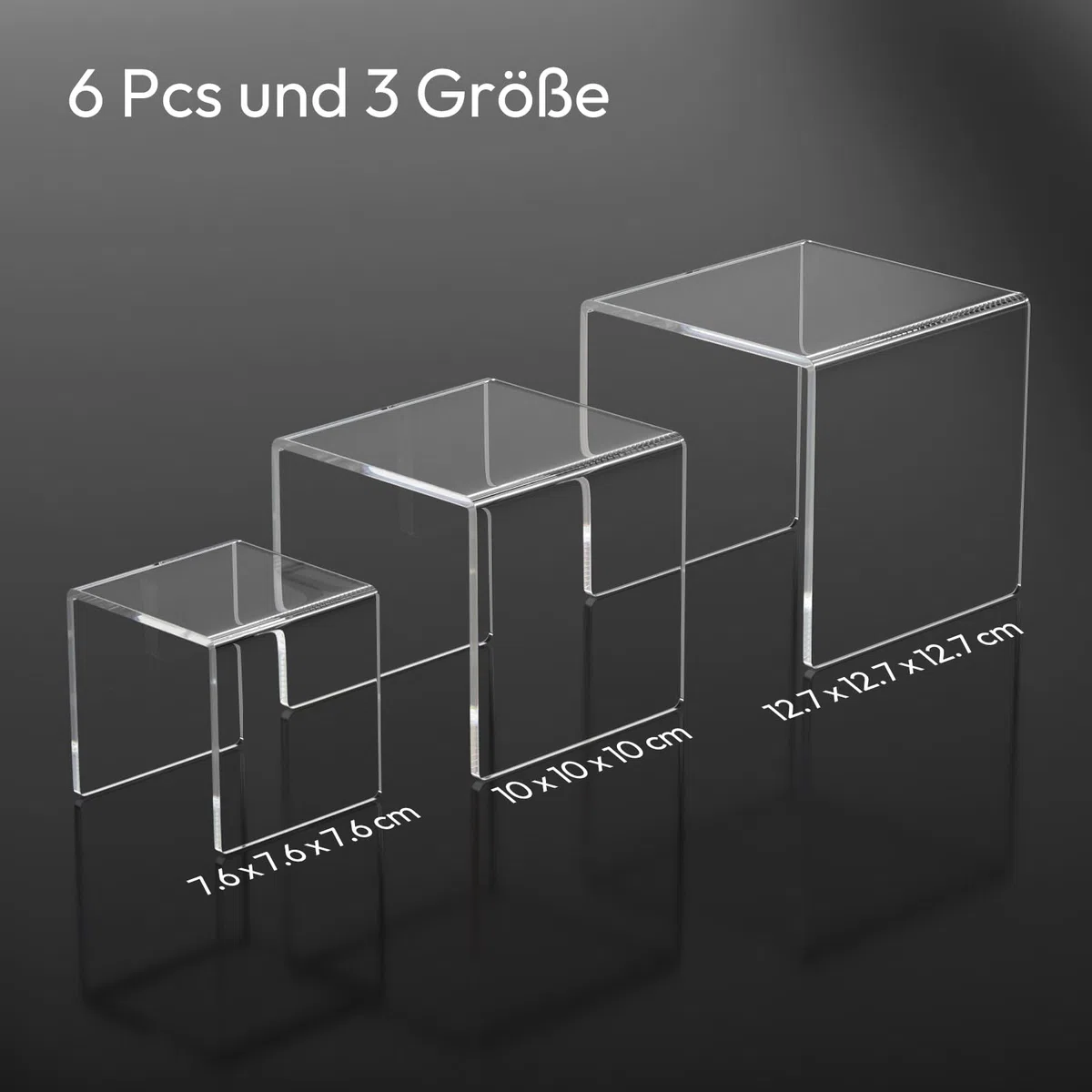 AITEE Acryl Display Risers Stand: Klares Acryl Parfümregal mit 3 Quadratischen Größen für Funko Pop Figuren, Schmuck, Kosmetik, Cupcakes – Tischdekoration für Produktpräsentation (6 Stück)