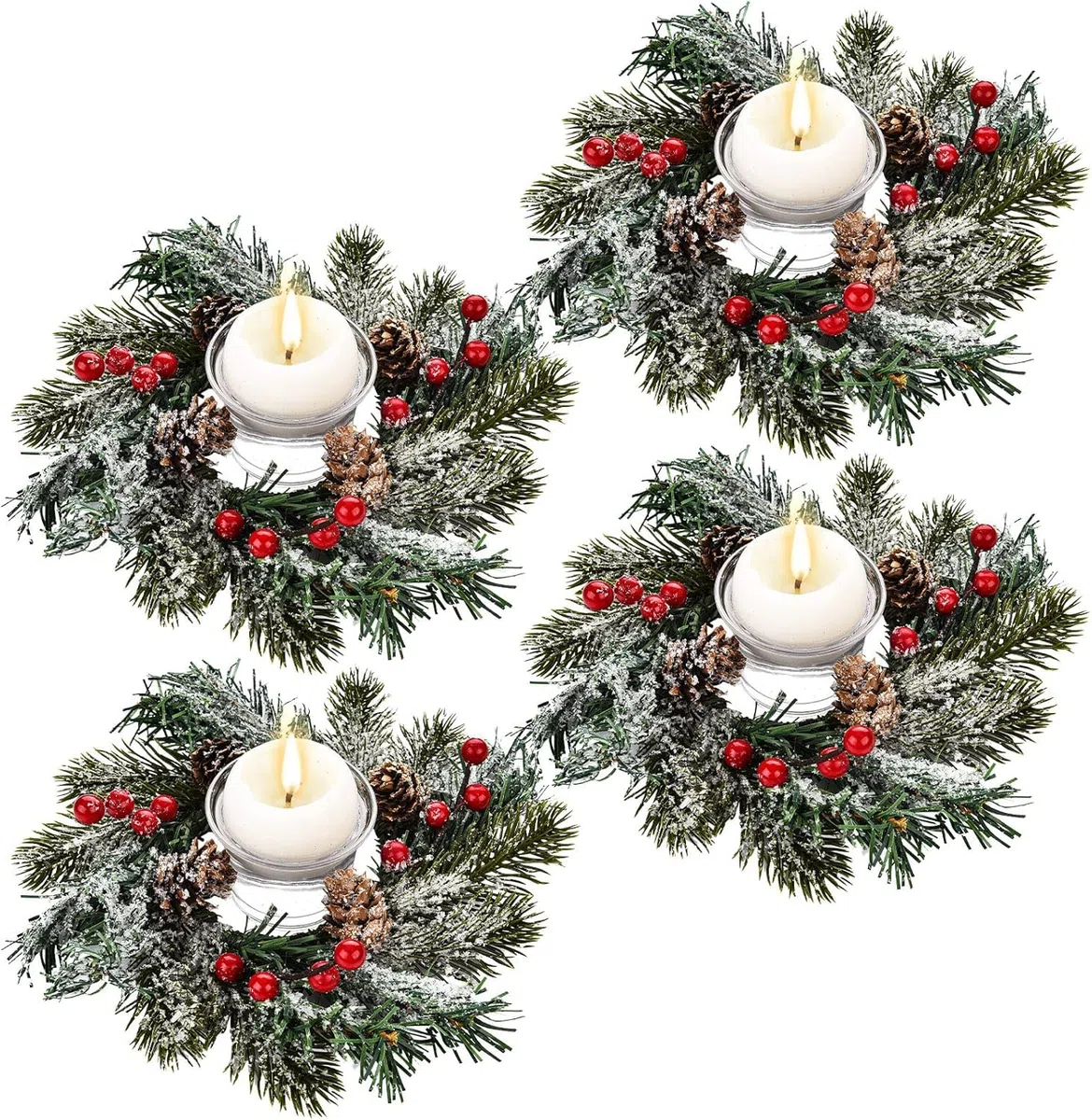 KAHEIGN 4Pcs Weihnachtskerzen Ringe, 20CM Künstlicher Roten Beeren Kränze Weihnachtskerzenringe Verschneiten Tannennadeln Kerzenhalter für Weihnachten Tisch Deko, Tannenzapfen-Kerzenringgirlande
