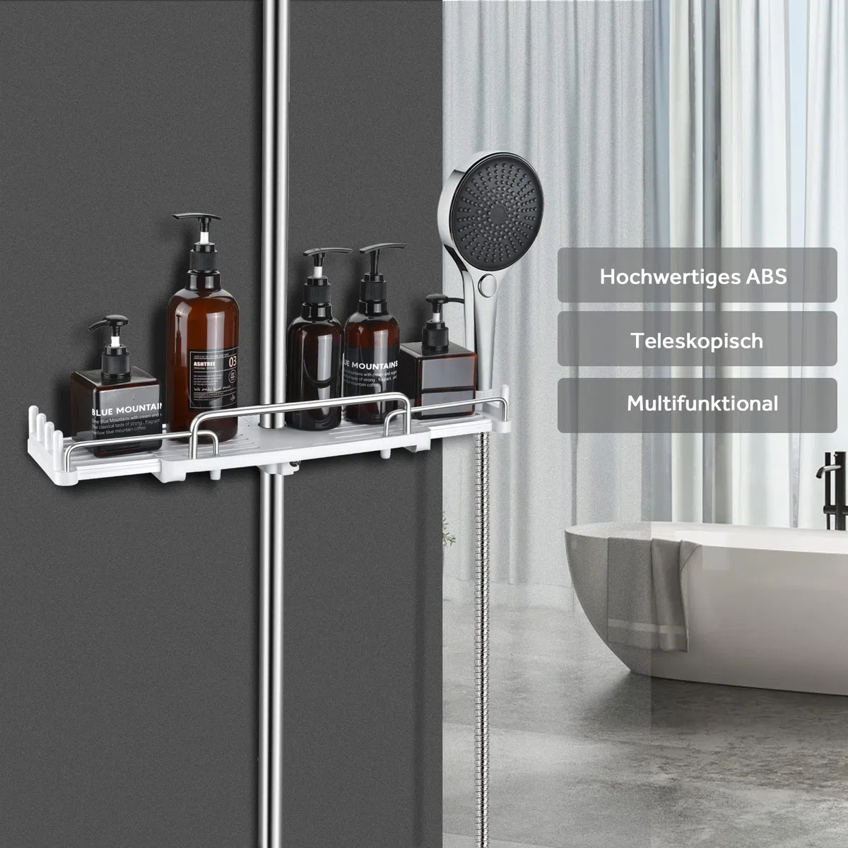 Duschablage Ohne Bohren Teleskopisch 32-48cm, Duschablage zum hängen Badezimmer Organizer, Duschregal Ohne Bohren, Duschstangen-Aufbewahrungsregal für 18 mm-25 mm Duschstange (Weiß)