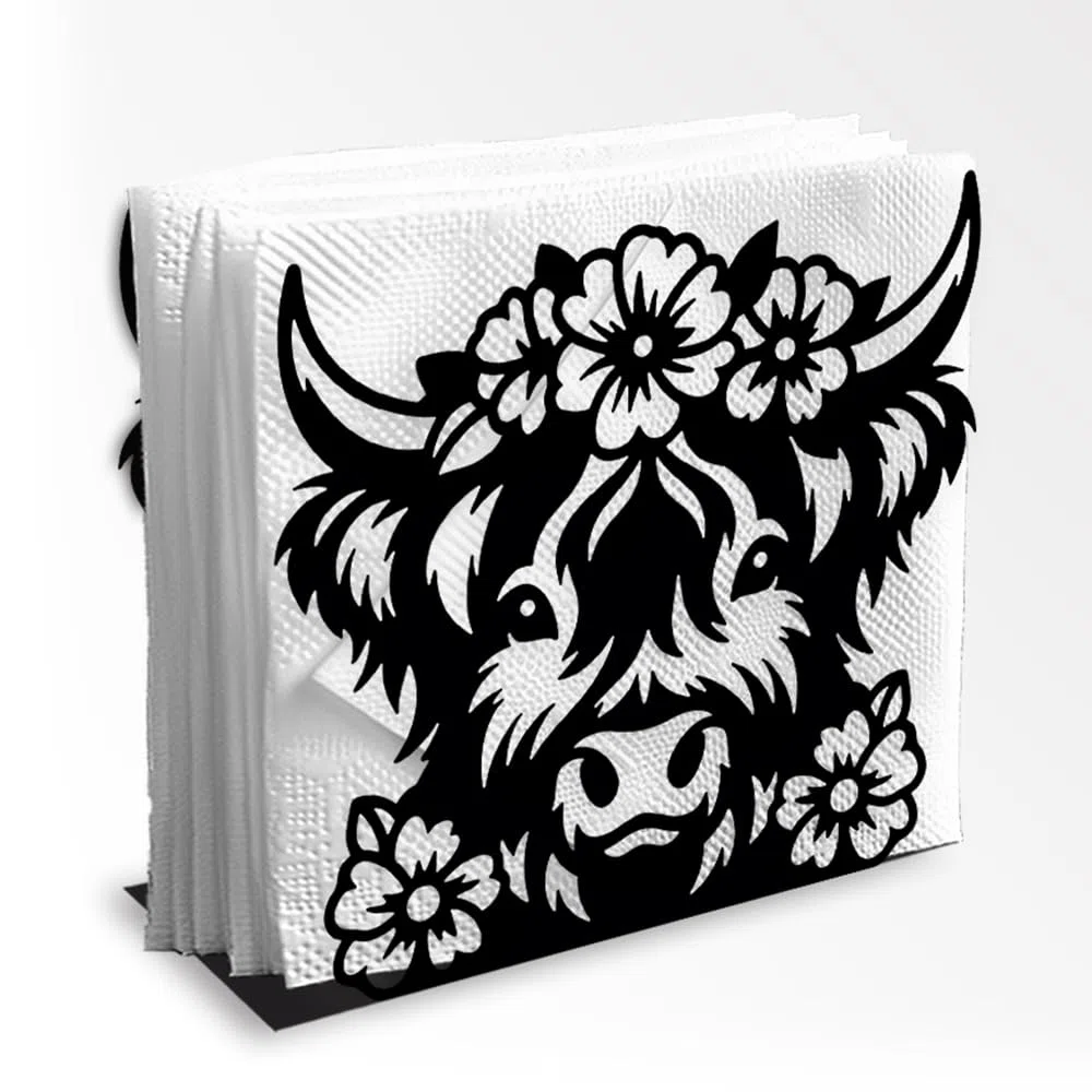 Schwarzer Metall Serviettenhalter Hochlandkuh für Küche Zuhause | Stehender Serviettenhalter 13,5 x 12,3 x 5 cm, freistehende Bauweise, für Küche, Picknick, Café und Essbereiche