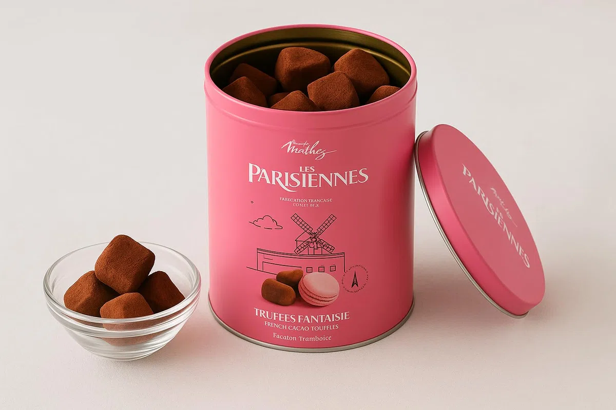Mathez "Les Parisiennes" Trüffel mit Himbeer-Macarons in ovaler Metalldose