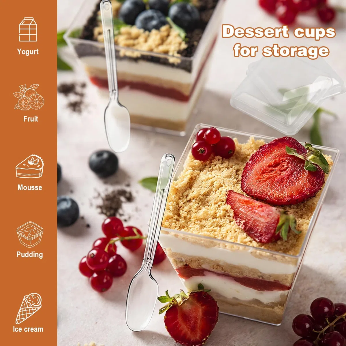 50 Stück Dessertgläser,5OZ/160ML Dessertbecher Plastik,Wiederverwendbar Quadratischer Dessertbecher,Klar Dessertschalen mit Deckel,Für Mousse Pudding Eiscreme Buffet Party Geburtstag Picknick