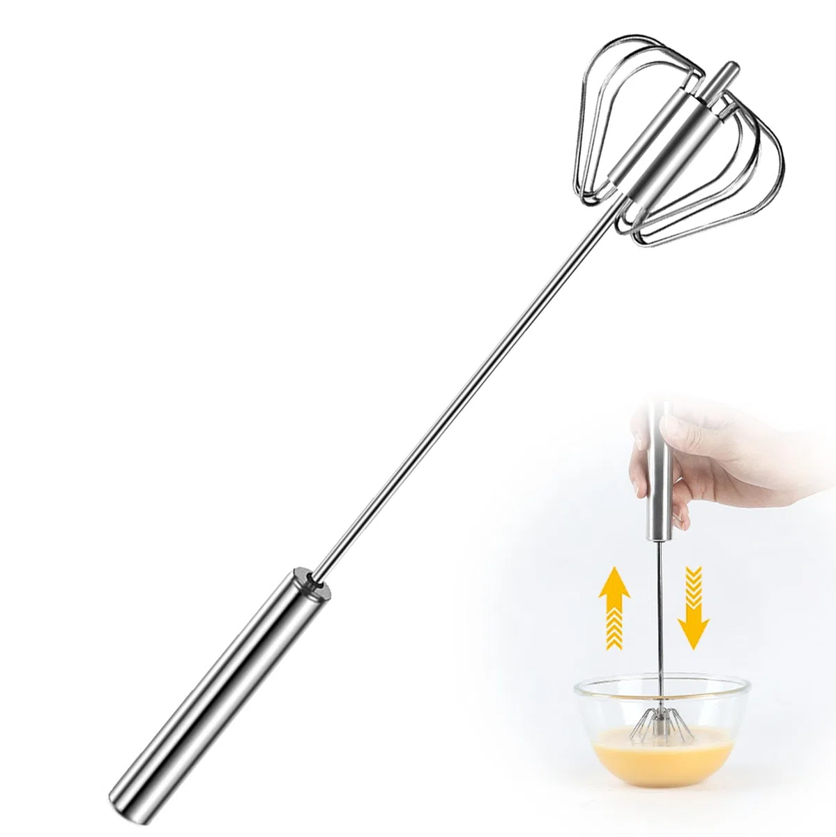Halbautomatischer Schneebesen aus Edelstahl, 2026 Neuer Edelstahl-Eischneebesen Hand-Drück-Rotations-Schneebesen-Mixer, Hand-Drück-Mixer-Rührwerkzeug zum Kochen Küche Zuhause Ei Milch (25,4 cm)