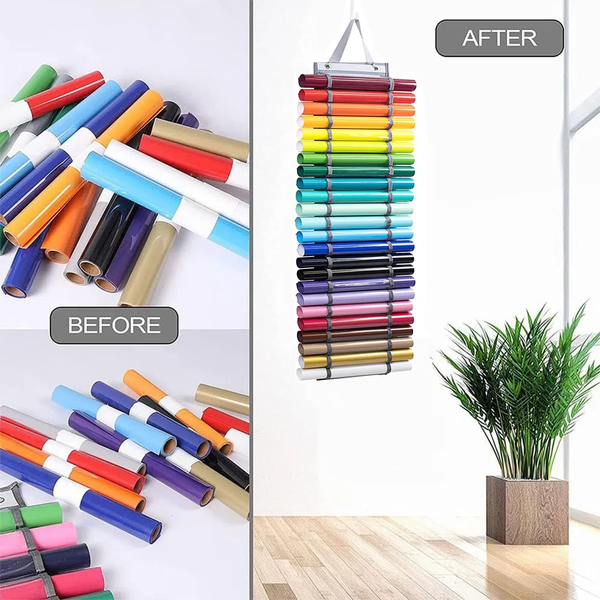 Vinyl Aufbewahrungshalter, Vinyl Rollenhalter, Geschenkpapier Aufbewahrung, Mit 24 Fächern Halter Wandhalterung Vinyl Aufbewahrung Für Bastelraum Hellgrau(Mit 1*gewebehaken, 2*metallhaken)