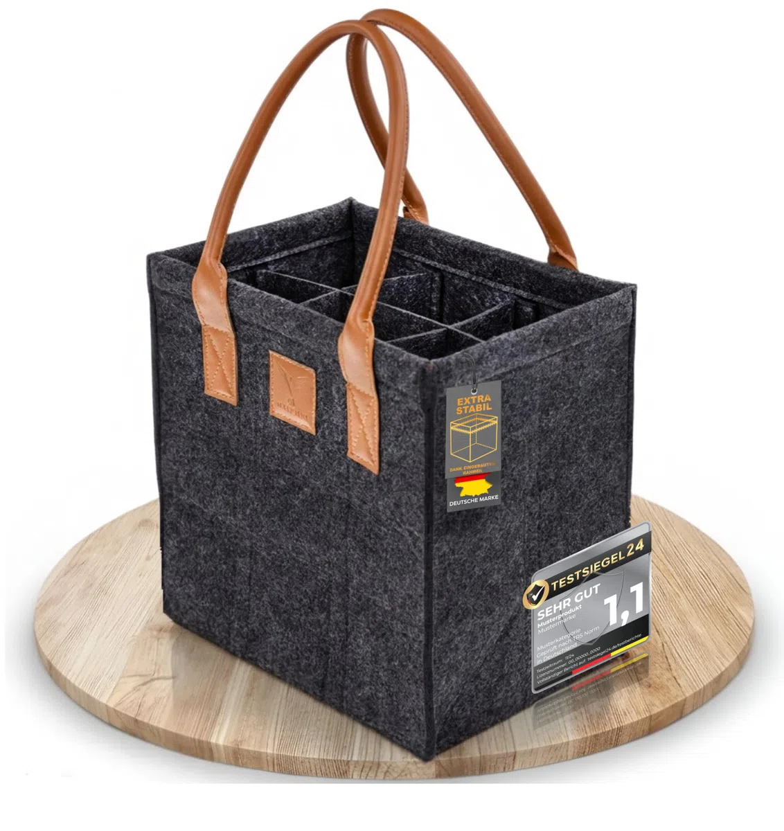 Flaschenträger für 6 Flaschen 1,5l EXTRA STABIL aus Filz – Flaschenkorb, Flaschentasche, Getränkekorb für Bier, Wein & Pfandflaschen – Flaschenaufbewahrung & Getränketräger (6 Fächer grau)