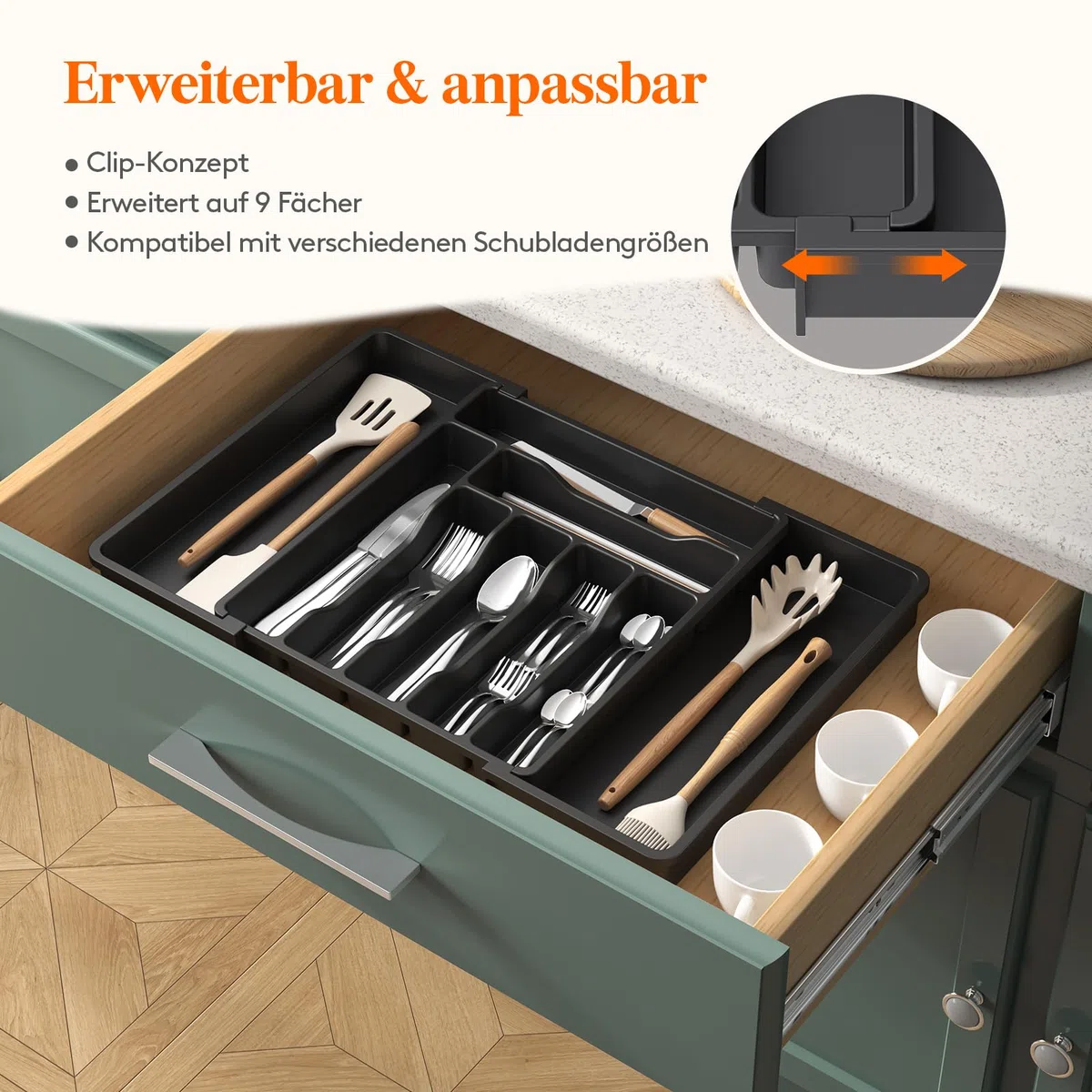 Lifewit Besteckkasten für Schublade, Verstellbarer Besteckhalter Kunststoff Besteckständer, Breite von 33 auf 57 cm, Utensilienhalter Küche Tiefe 38 cm, Küchen Organizer für Löffel/Gabeln, Schwarz