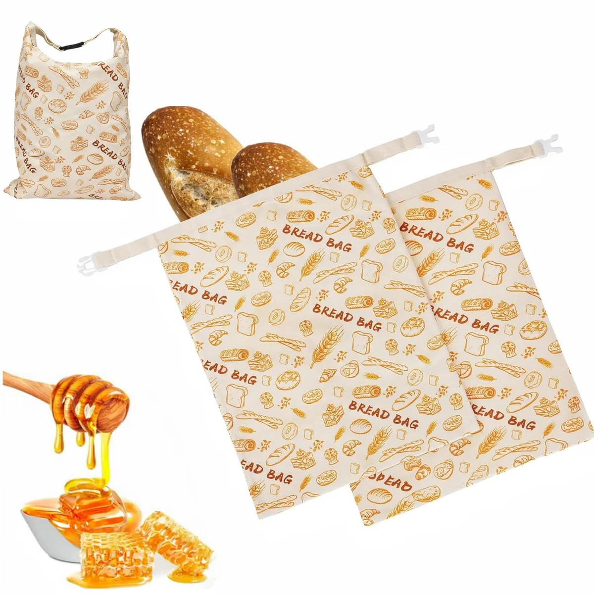 2 Stück Wiederverwendbare Bienenwachs Brotbeutel 43cm×33cm Baumwoll Brottasche mit Bienenwachstuch Innenfutter für Brotaufbewahrung, Baguette, Obst und Gemüse mit Schnallenverschluss