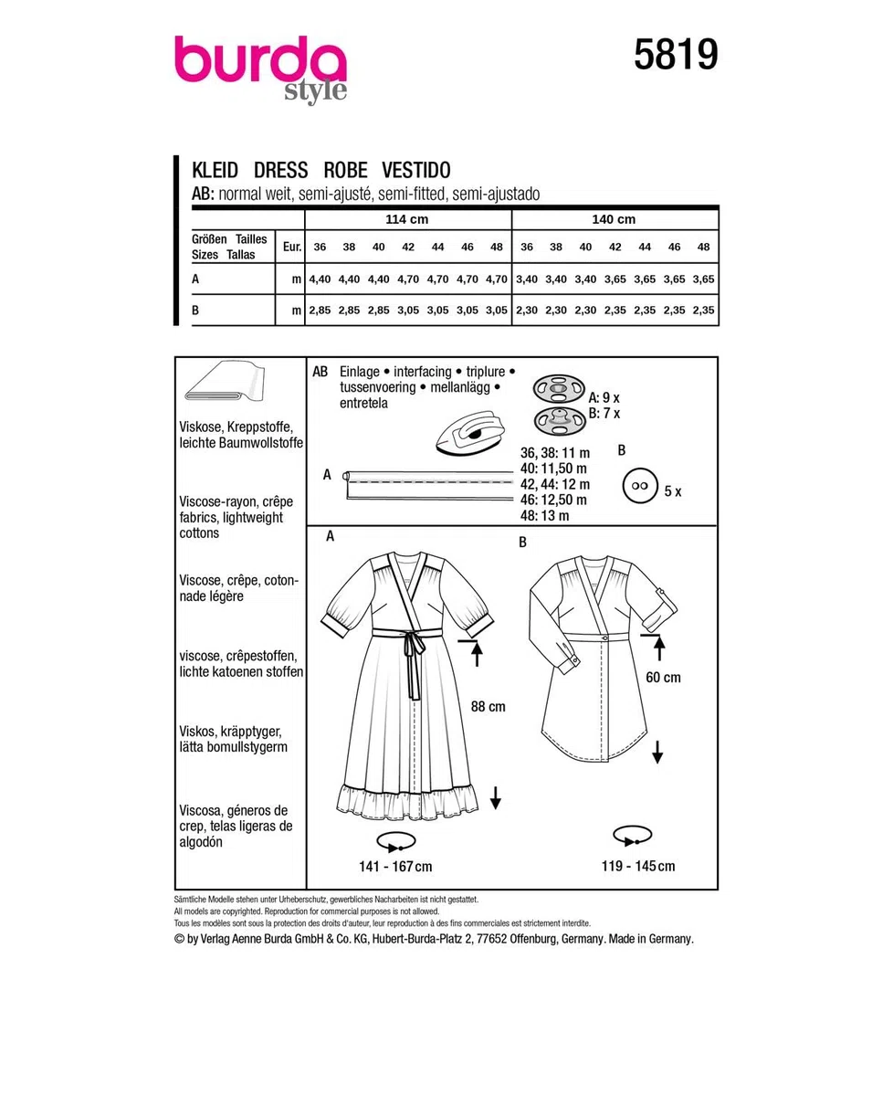 Burda Schnittmuster, 5819, Kleid [Damen, Gr. 36-48], Level 3 mittel