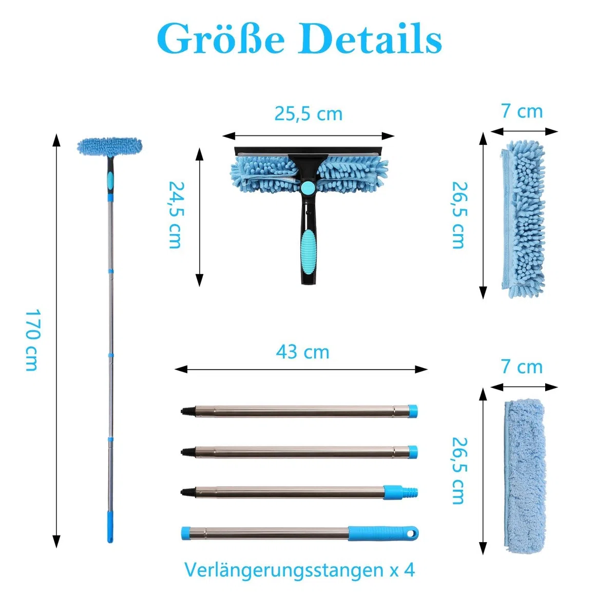 Terafeels 170cm Teleskop Fensterwischer Abzieher Set, 2 in 1 Teleskopstange Fensterreinigung ür Innen und Außen Hohe Fenster Autoglas (Blau)
