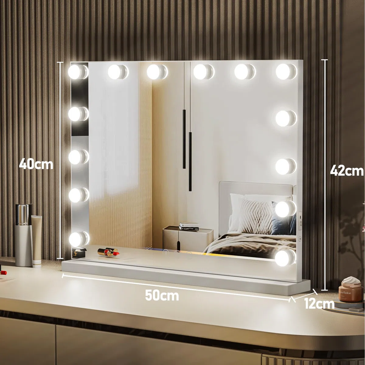 Hollywood Schminkspiegel mit Beleuchtung, Tischspiegel mit 14 LED Licht Dimmbar, 3 Farbtemperatur, Wandspiegel mit Touchscreen, Touch Control für Tochter, 51x42cm