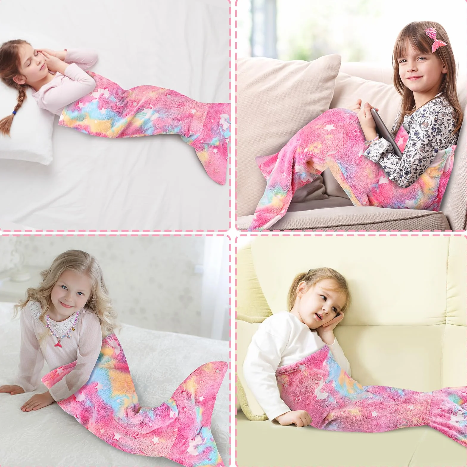Cyiecw Meerjungfrauen Decke Mädchen Kinder 100x50CM, Meerjungfrauenflosse Mädchen Decke Leuchtet im Dunkeln, Meerjungfrau Flanell Blanket mit Pailletten Portemonnaie und Mermaid Schmuckzubehör