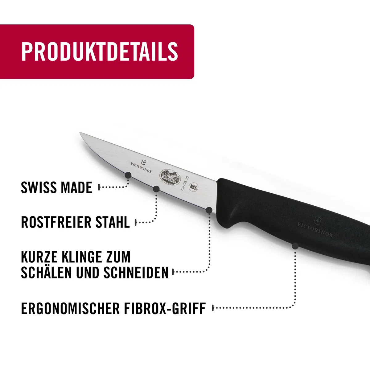 Victorinox Fibrox Schälmesser für Gemüse und Obst, Kleines Ausbeinmesser für Fleisch, 10 cm, Gerade Klinge, Scharf, Rostfreier Stahl, Schwarz