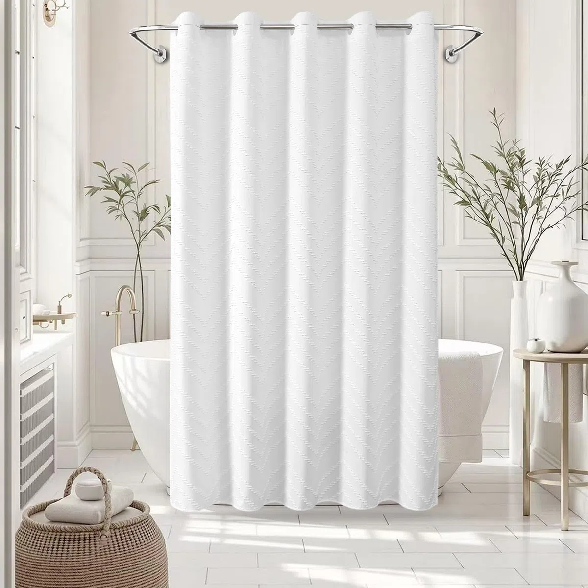 Boho Duschvorhang ohne Haken, 180 x 190 cm, Getuftetes Chevron-Design, Wasserdicht, Minimalistisches Gewebe, 10 Verstärkte Schlitzösen, Hotel Spa Stil, Maschinenwaschbar, Weiß