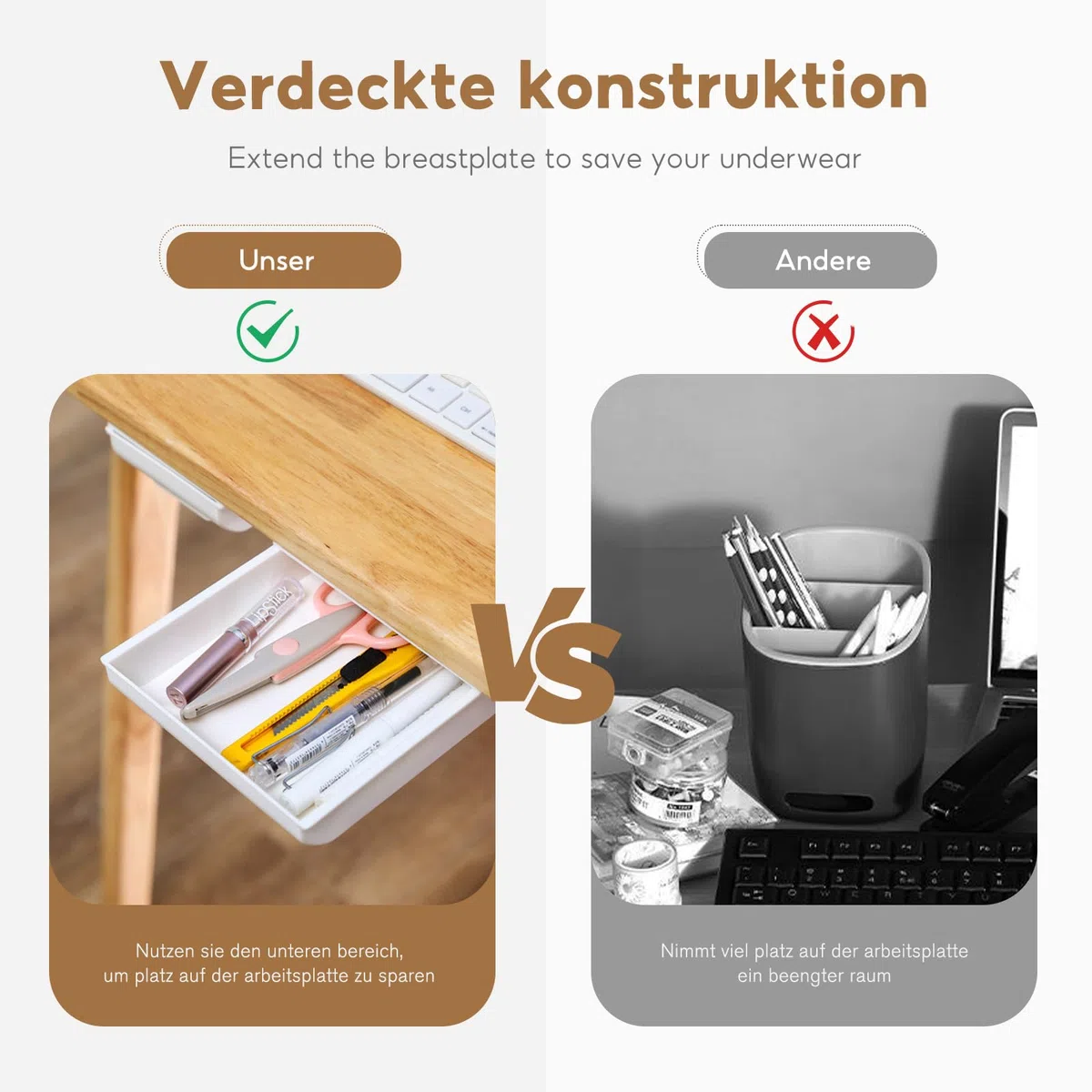 2 Stück Selbstklebende Schubladen Versteckt unter dem Schreibtisch Mini Aufbewahrungsbox für den Schreibtisch, Weiß