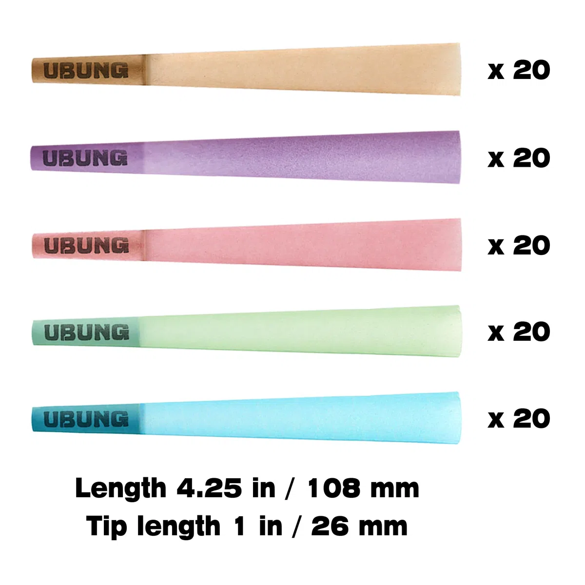UBUNG Rainbow Cones | 100 King Size Konisch vorgedrehte Hülsen ​(5 Farben) Einschließlich 1 Trichterlader und 1 Putter für Verpackunge