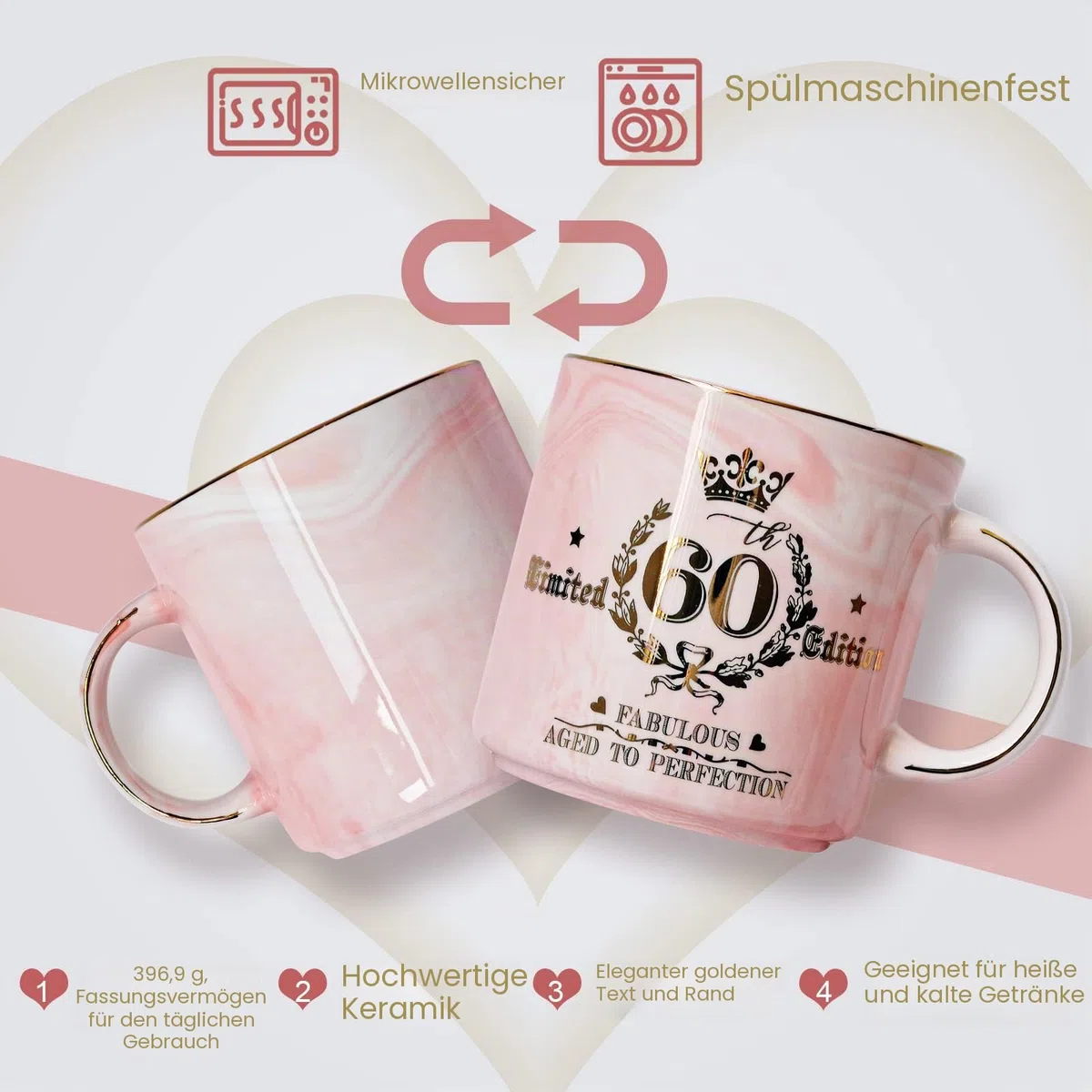 Geschenke zum 60 Geburtstag Frau, Fabelhafter 60. Limited Edition, 400ml Rosa Marmor Kaffeetasse mit Golddruck, Geschenk für Frauen zum 60.ter Geburtstag, Oma, Mutter, Schwester, Schöne Geschenkbox