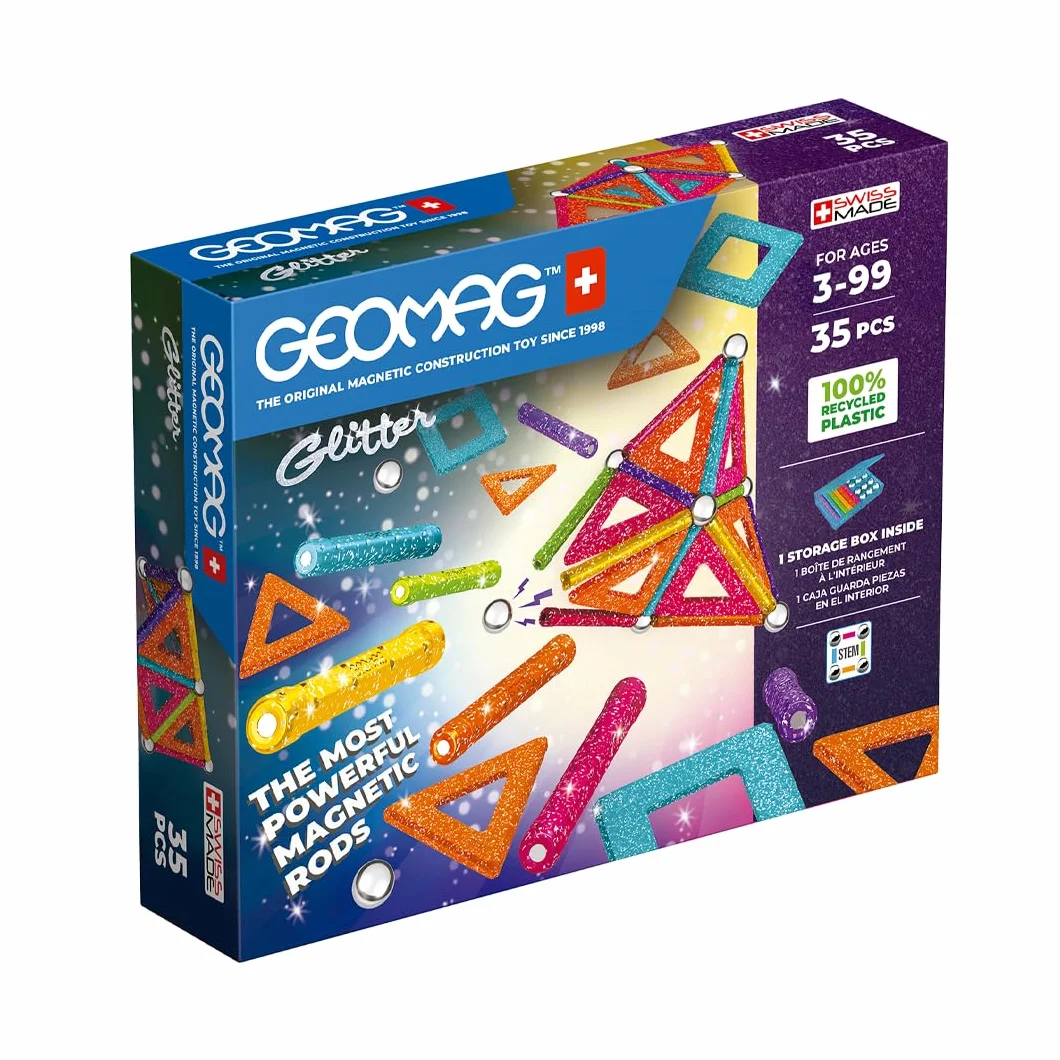 Geomag Glitter Recycled 35 StückMagnetisches Spielzeug für Kinder, Geschenk für Jungen und Mädchen im Alter von 5 6 7 8 9 10 11 12 13 Jahren, magnetische Konstruktionen, Kinderspielzeug