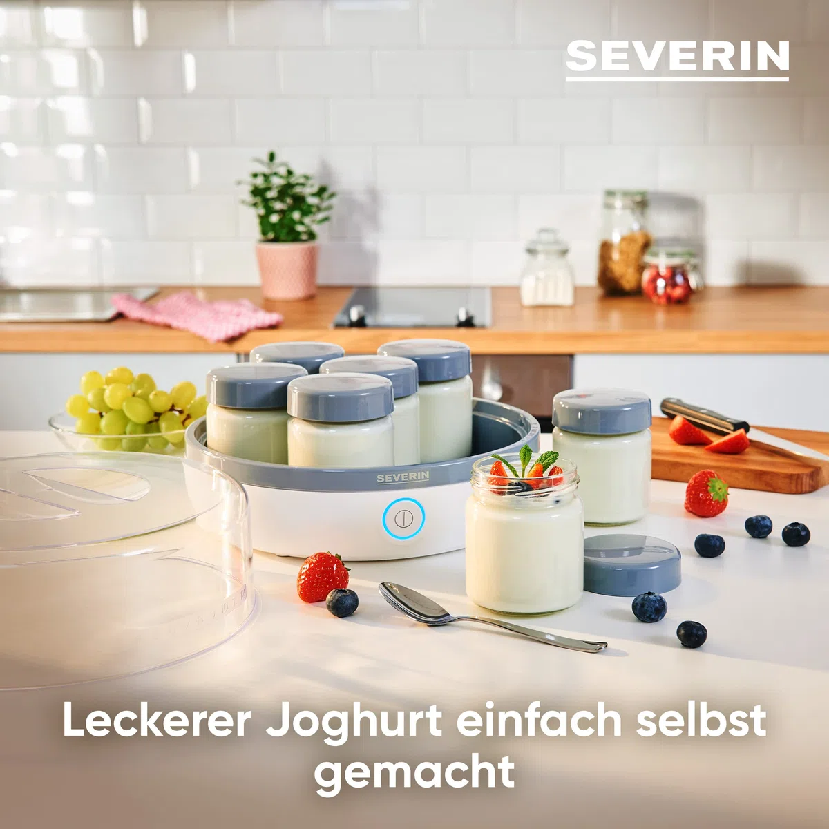 SEVERIN Joghurtbereiter, Joghurtmaschine mit Zeitanzeige & Ersatzgläser für Joghurtbereiter, Joghurtgläser mit Deckel (7 x 150 ml)