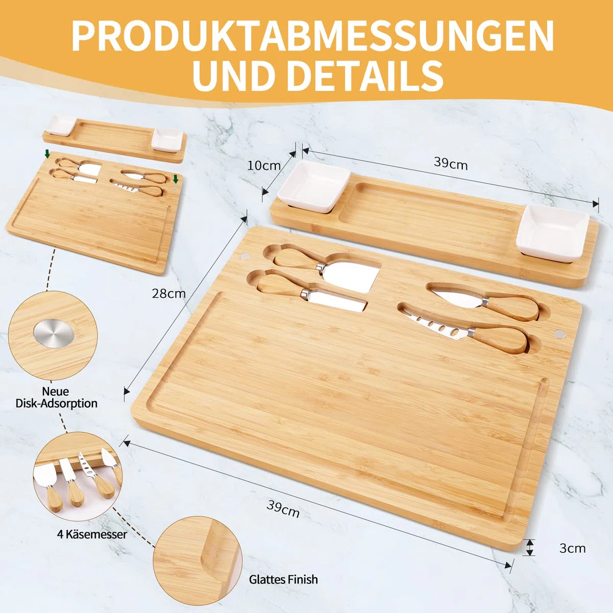 Käsebrett aus Bambus mit Käse Werkzeugen, charcuterie Board, Käseplatten-Set, Serviertablett für Weincracker, Brie und Fleisch, Bambusheber, Einzugsgeschenk für Leckereien und Weihnachten