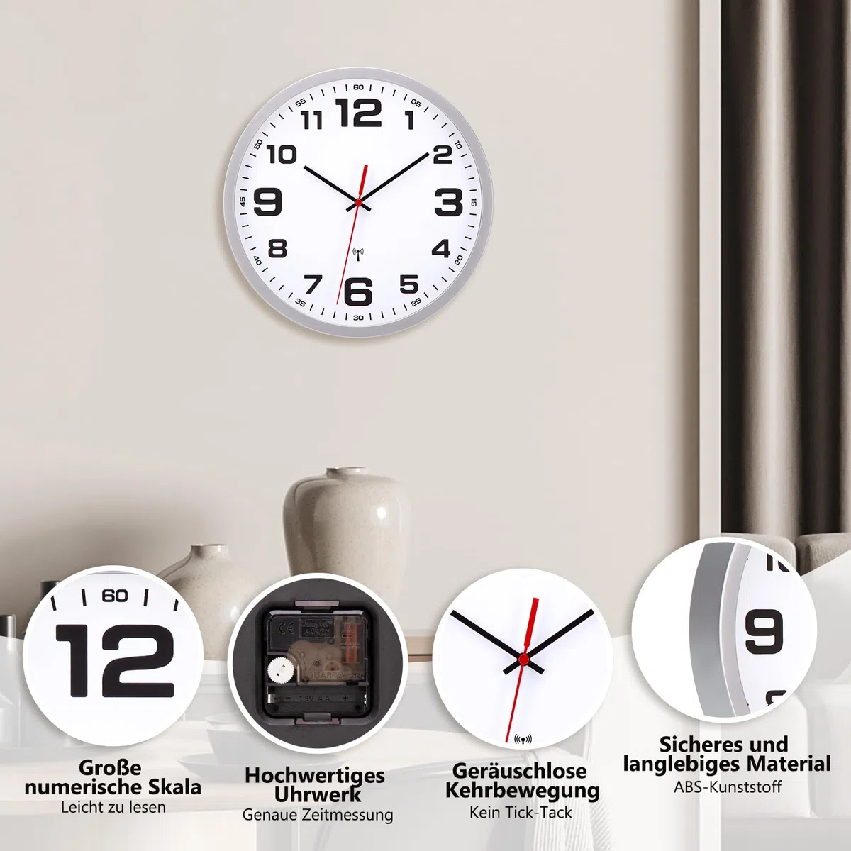 Funkuhren Wanduhr Ohne TickgeräUsche Lautlos 25cm Quarz Batterie Betriebene Groß Wanduhr Einfach zu Lesen für Zimmer Zuhause KüChe Schlafzimmer Büro Schule