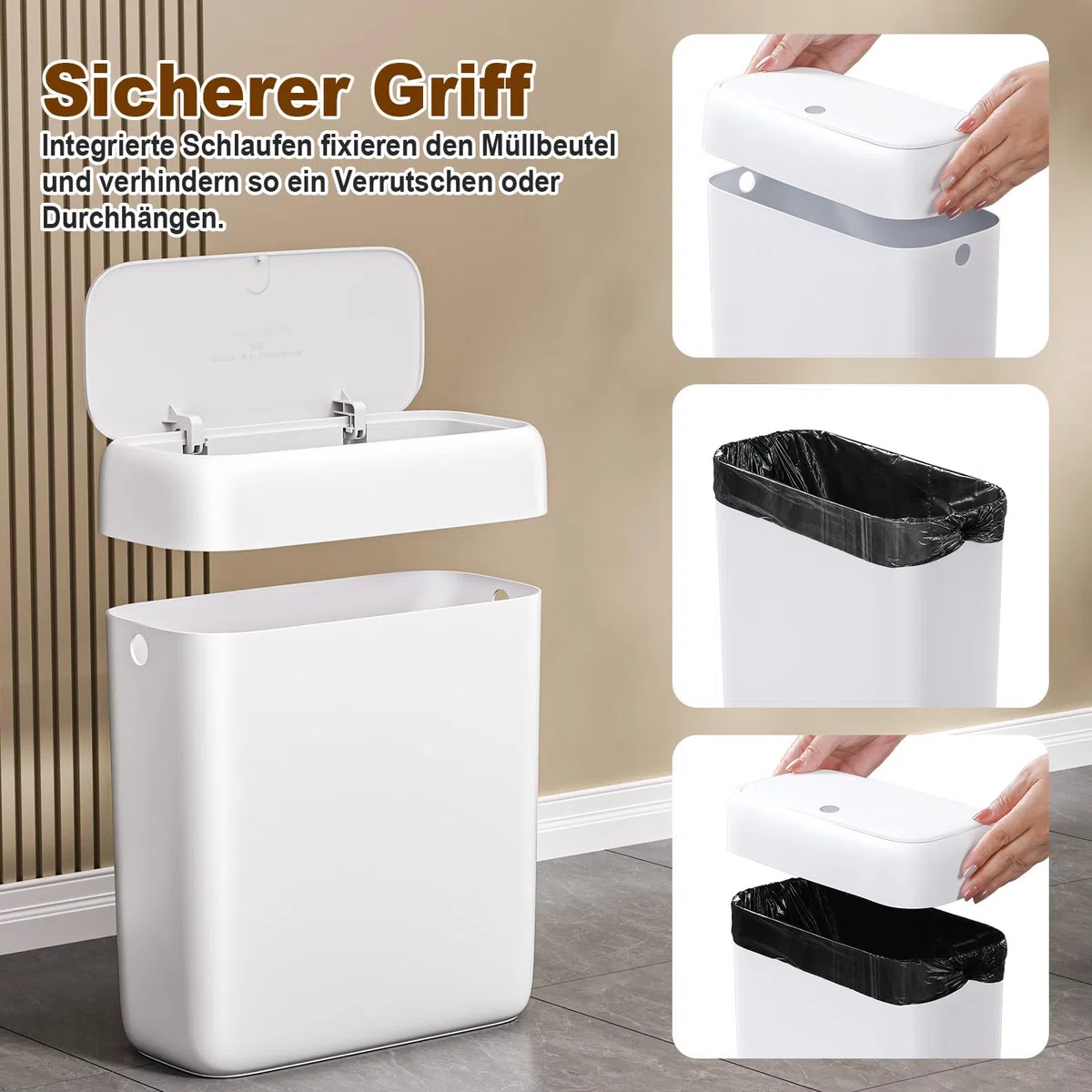 MOPUP Kleiner Badezimmer-Mülleimer mit Deckel, 8.5 l/2,2 Gallonen, schmaler Mülleimer, Papierkorb aus Kunststoff mit aufklappbarem Deckel, hundesicher für Badezimmer, Küche, Schlafzimmer, Wohnzimmer