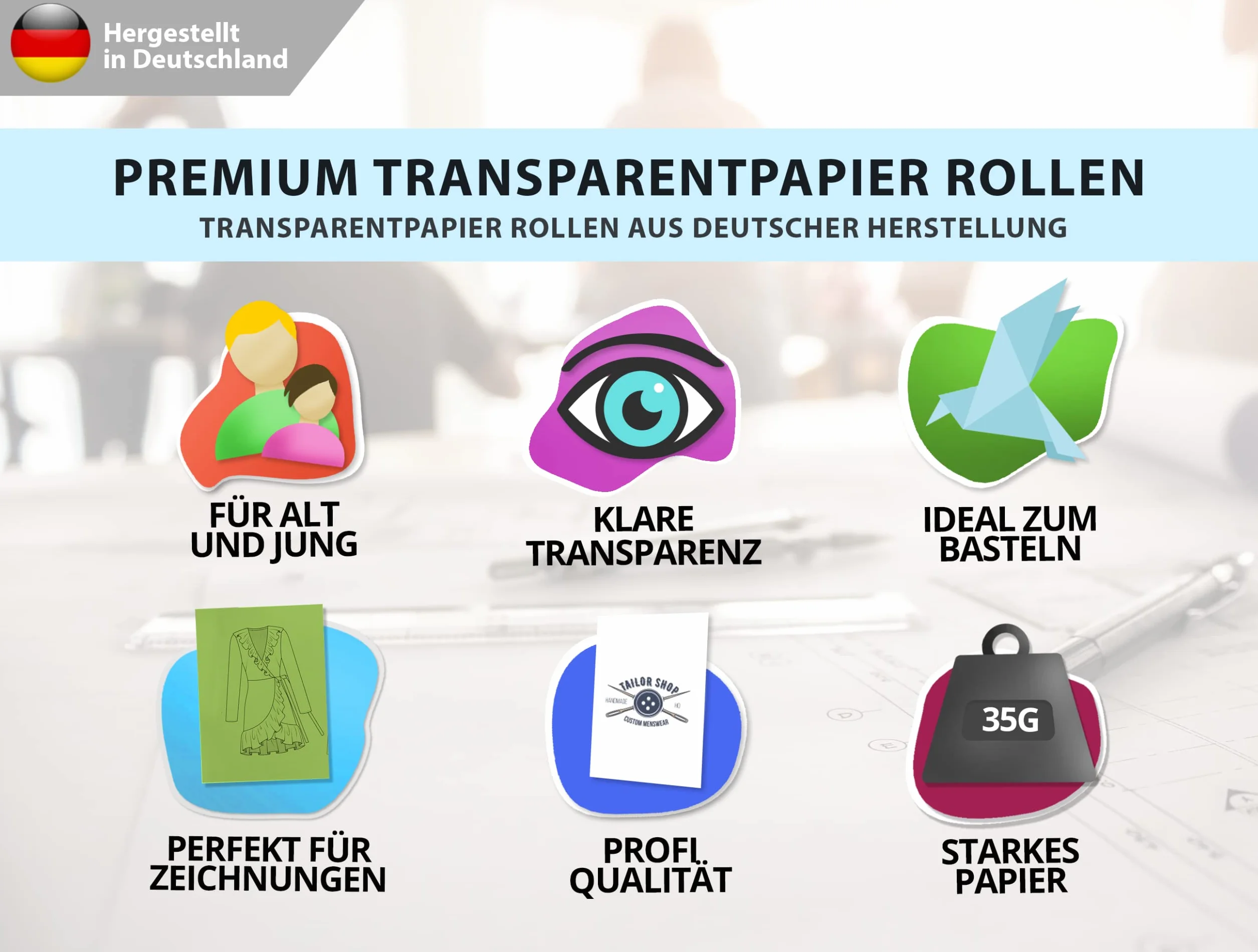 ELES VIDA Schnittmusterpapier Rolle 42 cm x 50 Laufmeter 35g /m – Premium Blanko Transparent Papier Rolle – Zeichenpapier, Schnittmuster zum Nähen für Schneider, Papierschnittmuster