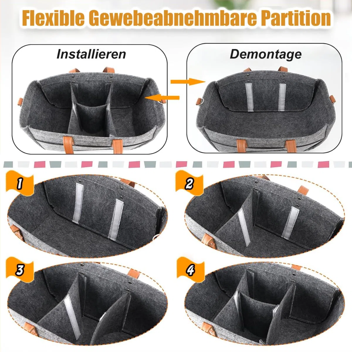 Filztasche mit Fächern, Einkaufstasche Filz 16L, Filztaschen Shopper, Filz Tasche, Einkaufskorb für Outdoor Trips, Picknick, Einkaufen, Dunkelgrau, 38x23x18cm