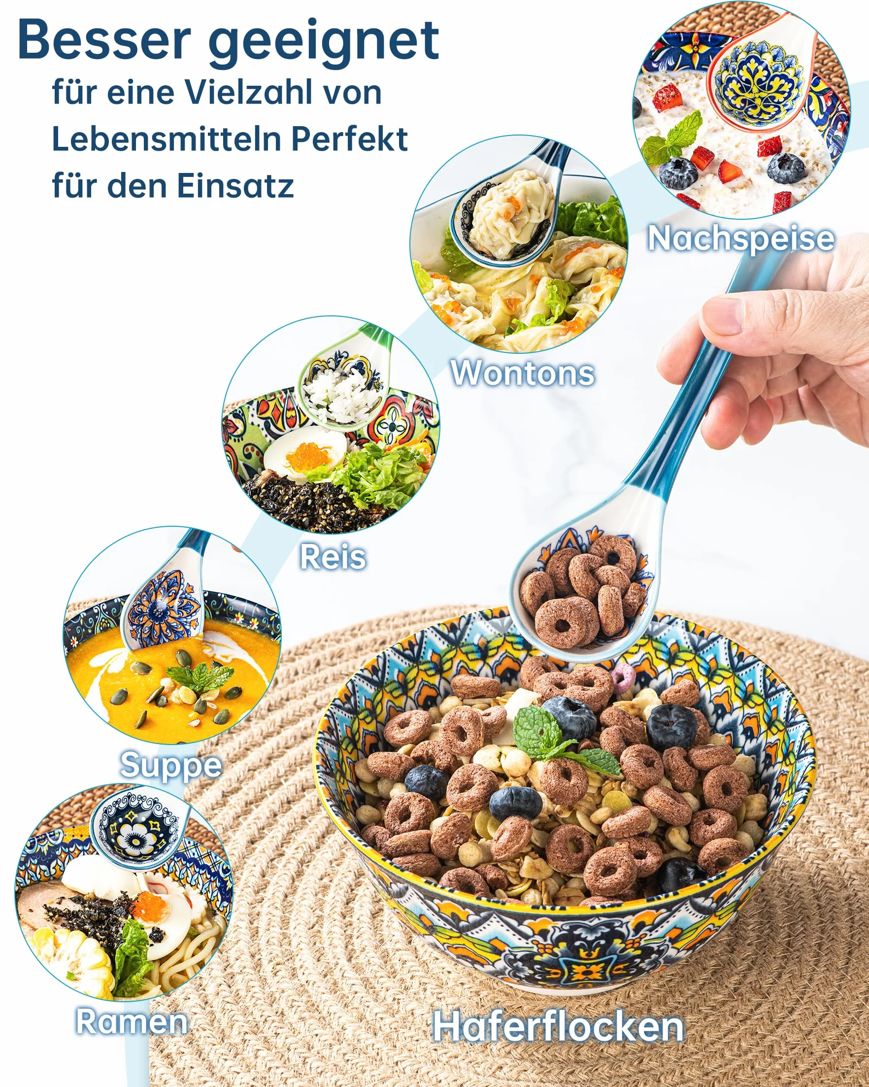 HENXFEN LEAD Suppenlöffel Porzellan, 6,5 Zoll Ramen Löffel für Suppe, Knödel, Reis, und Pho Wonton Nudeln. Bunte, 6er Pack - Bohemian Style