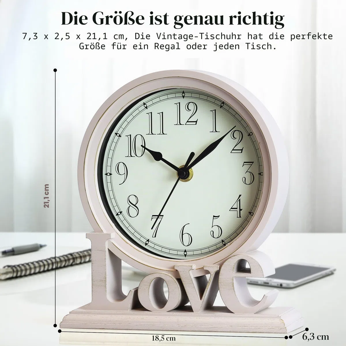 AYRELY® 6,5-Zoll Vintage Kaminuhr –Love-Tischuhr, lautlose Quartz Schreibtischuhr ohne Ticken, Retro Standuhr für Wohnzimmer, Schlafzimmer, Regal oder Kamin Dekoration (Elfenbein)