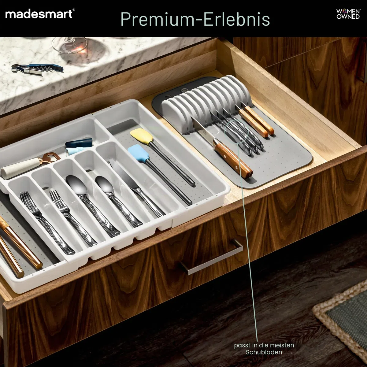 madesmart 29002 Klassische große Messermatte Weicher, rutschfester Schubladen-Organizer, langlebige Organisation zu Hause, BPA-frei, Kunststoff, Weiß/Grau