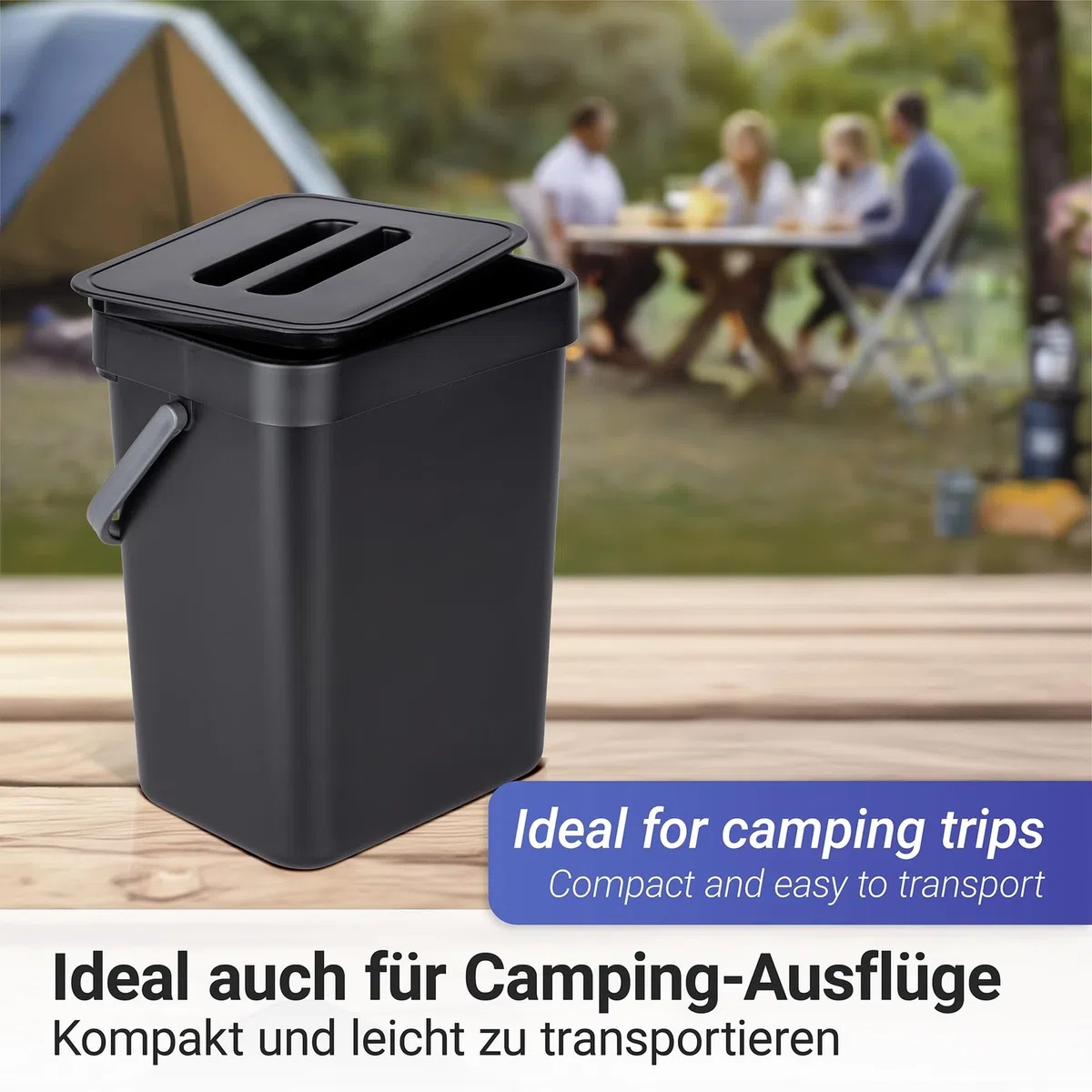 WENKO Abfallsammler mit Griff Tago, Abfalleimer mit 5 Liter Volumen, kompakter Mülleimer in Schwarz zur Befestigung ohne bohren, inkl. Über-Tür Static-Loc Befestigungsmöglichkeit, 21x24x17 cm