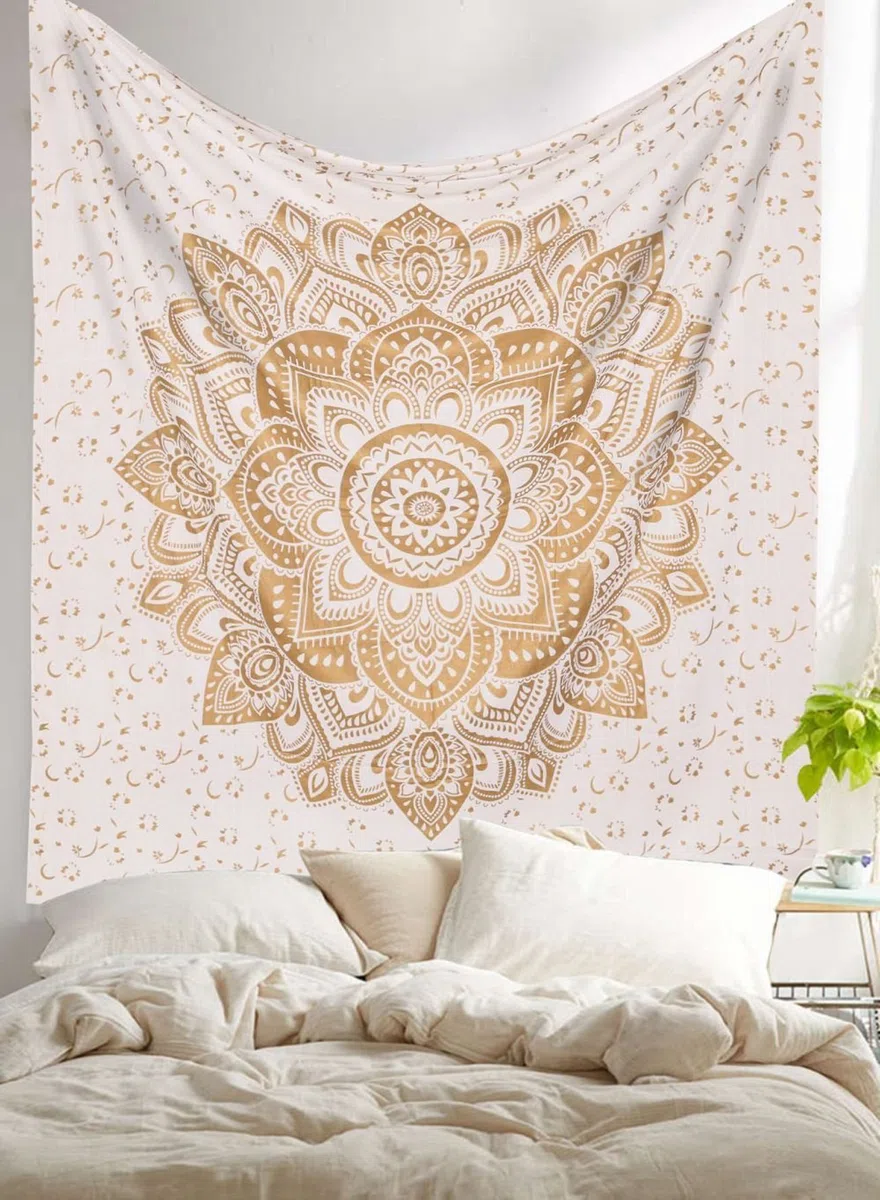raajsee Indisch Wandteppich Mandala Weißes Gold Boho WandDeko, Aesthetic Room Décor, Wandtuch Mandala, Wandbehang Psychedelic 208X232 CM