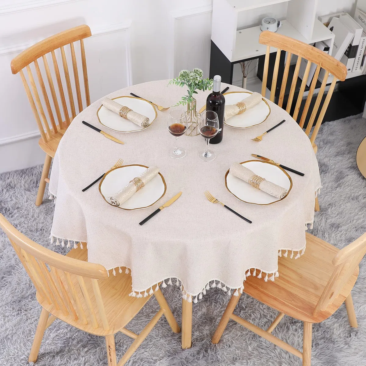 SUCHDECO Tischdecke Rund 120 cm Tischdecke Beige Leinen Baumwolle Tischdecke Runde Abwaschbar Knitterfrei Tischtuch mit Quasten für Küche, Esszimmer, Esstisch, Couchtisch, Gartentisch