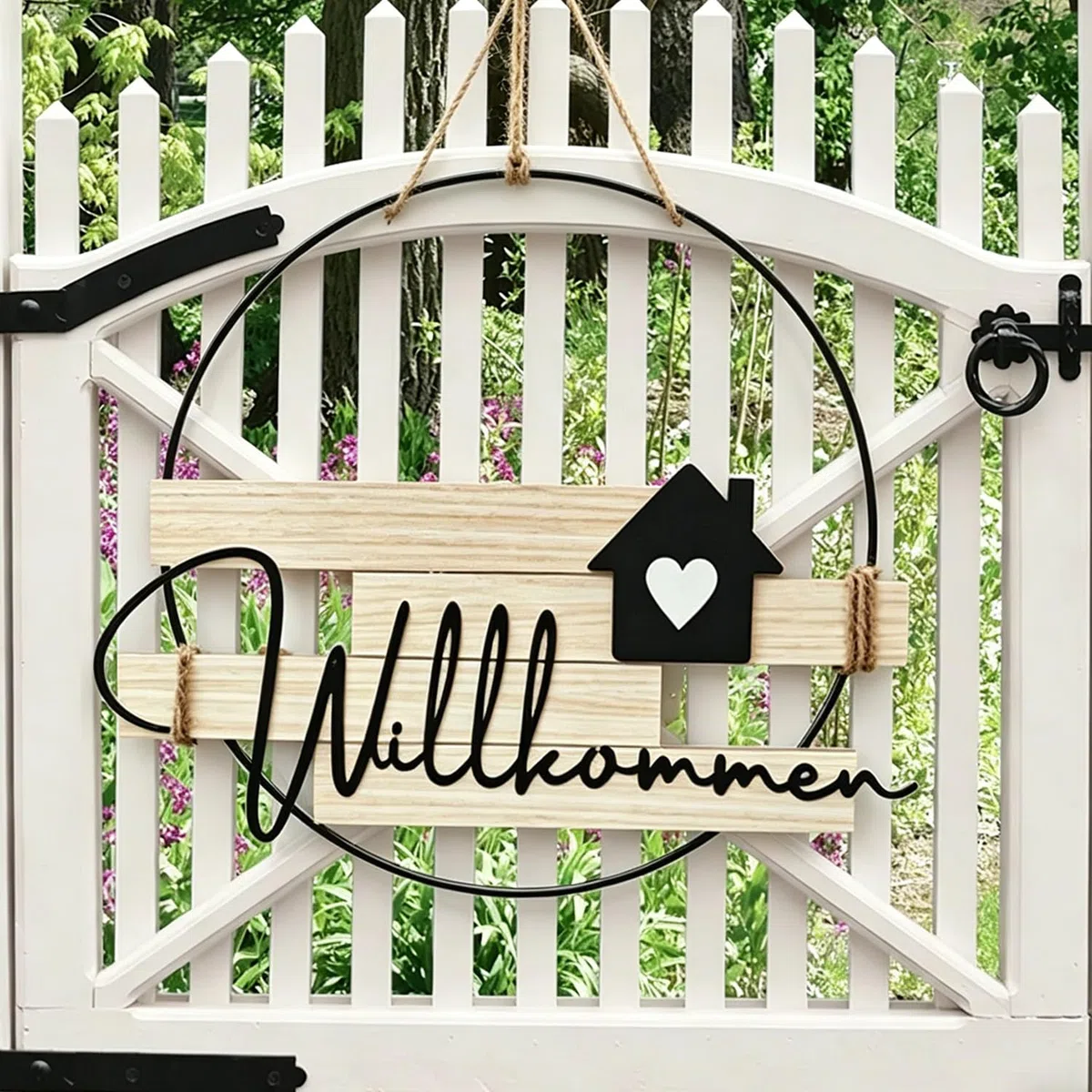 Türkranz Willkommen Ganzjährig, Willkommensschild Haustür aus Metall und Holz, Boho Türdeko Haustür Deko Kranz Hängedeko für Eingang, Garten, Frühling, Sommer, Herbst, Winter