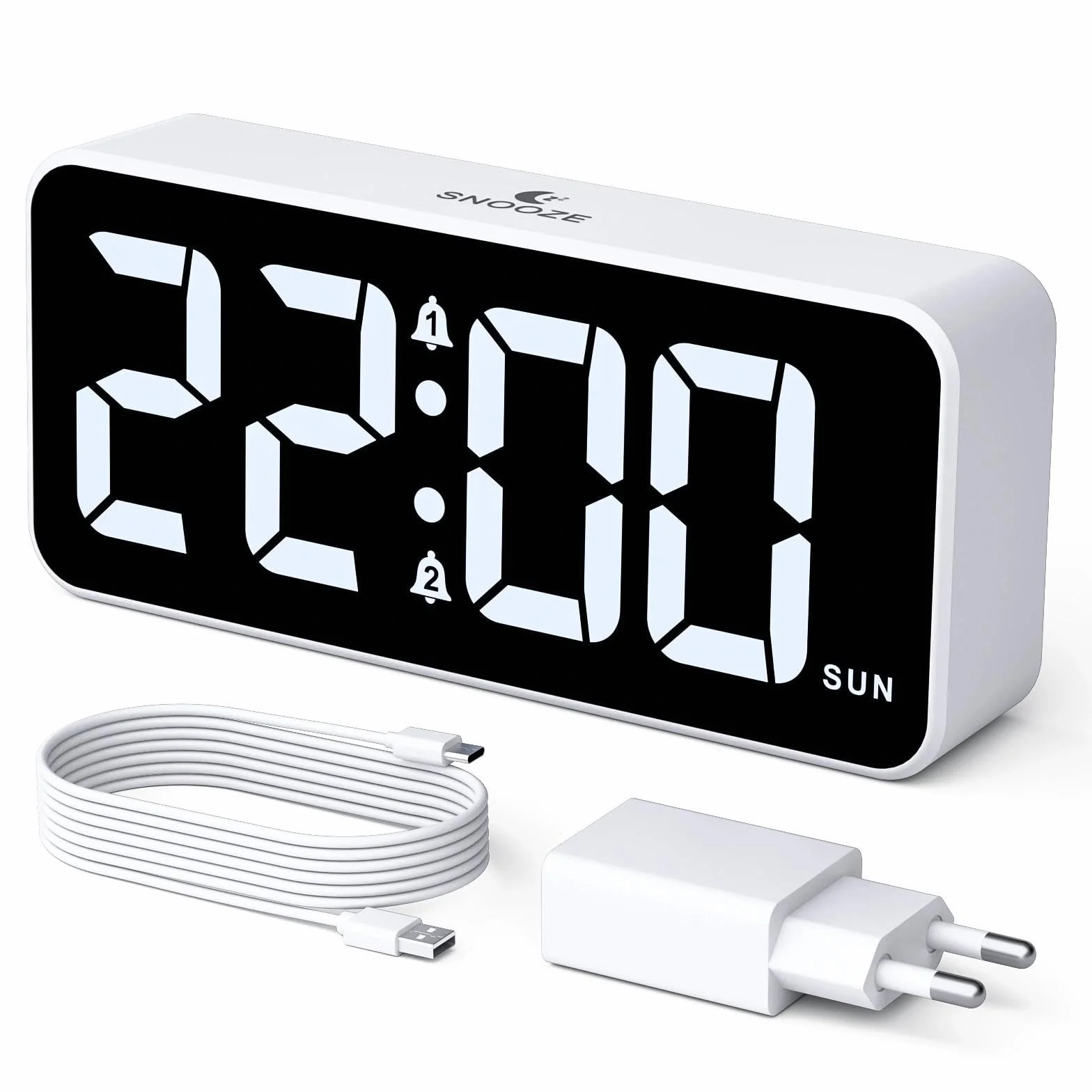 CHEREEKI Wecker Digital mit großem LED-Display, 10 Klingeltönen, Doppelalarm, Schlummerfunktion, 3 Alarmplänen, Einstellbarer Helligkeit und Lautstärke, Netzbetrieb, Adapter enthalten, Weiß