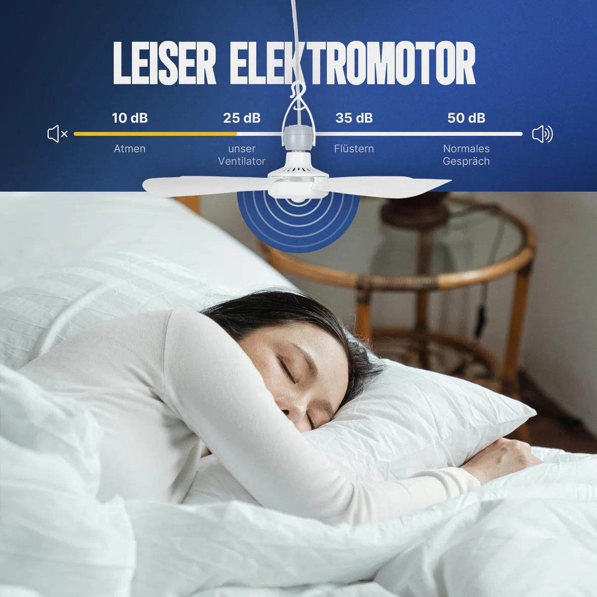 Bestlivings Mobiler Deckenventilator Weiß (5m XXL Kabel) mit Stecker und Schalter, 220V-240V / 5 Watt, Ø40 cm Decken Ventilator mit Aufhänger