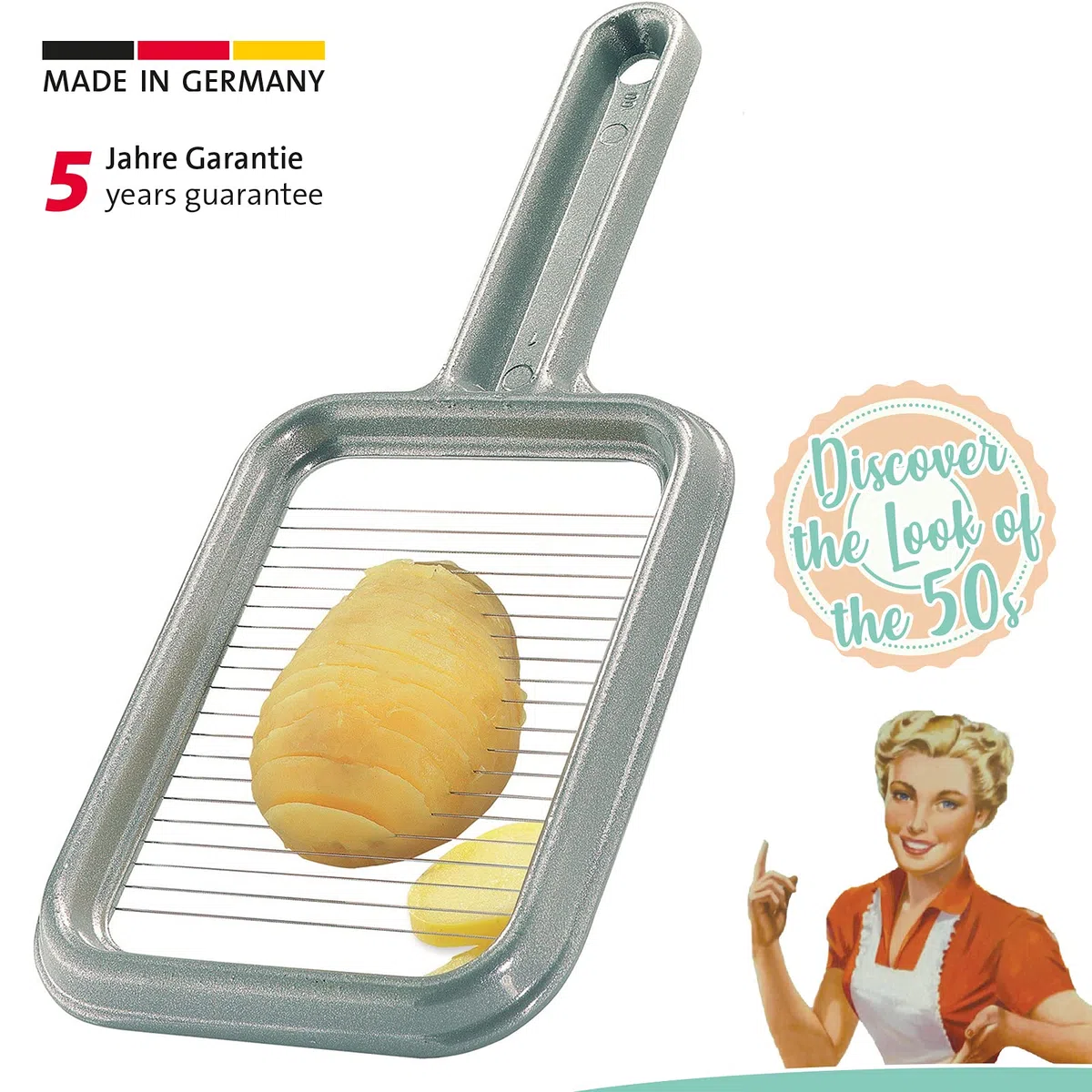 Westmark Pellkartoffel- und Mozzarella-Schneider, Retro-Verpackung, Aluminium/Rostfreier Edelstahl, Rondex, Grau, 6080RT60, 25.8 x 11.4 x 1.2 cm