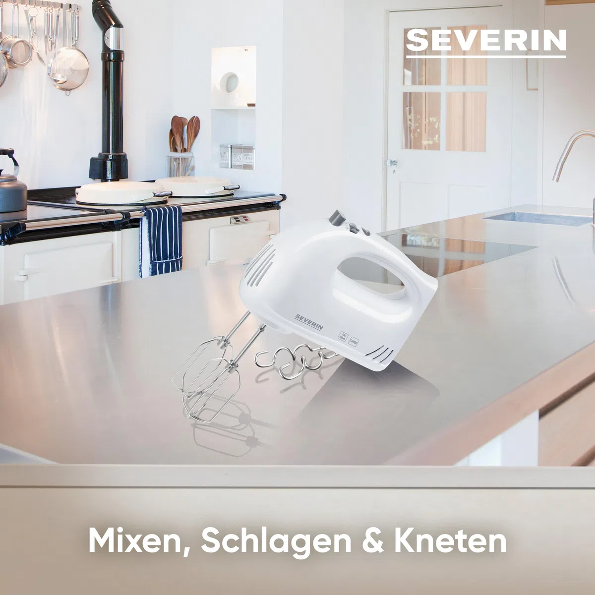 SEVERIN Handmixer, Handrührgerät mit 5 Geschwindigkeitsstufen, praktischer Handrührer mit 2 Edelstahl-Rührbesen und -Knethaken, weiß, HM 3820