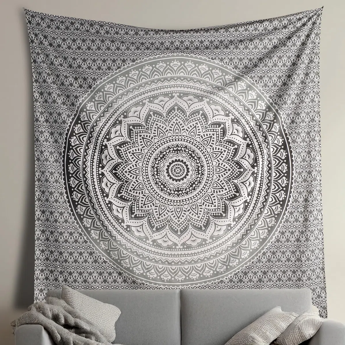 THE ART BOX Indie Wandteppich Baumwolle Mandala Wandbehang Deko Teppich Aesthetic Room Decor Dekoration Wandtuch/Strandtuch Wohnzimmer Indische Tücher Schlafzimmer, Grau und Weiß, 135x210 Cm