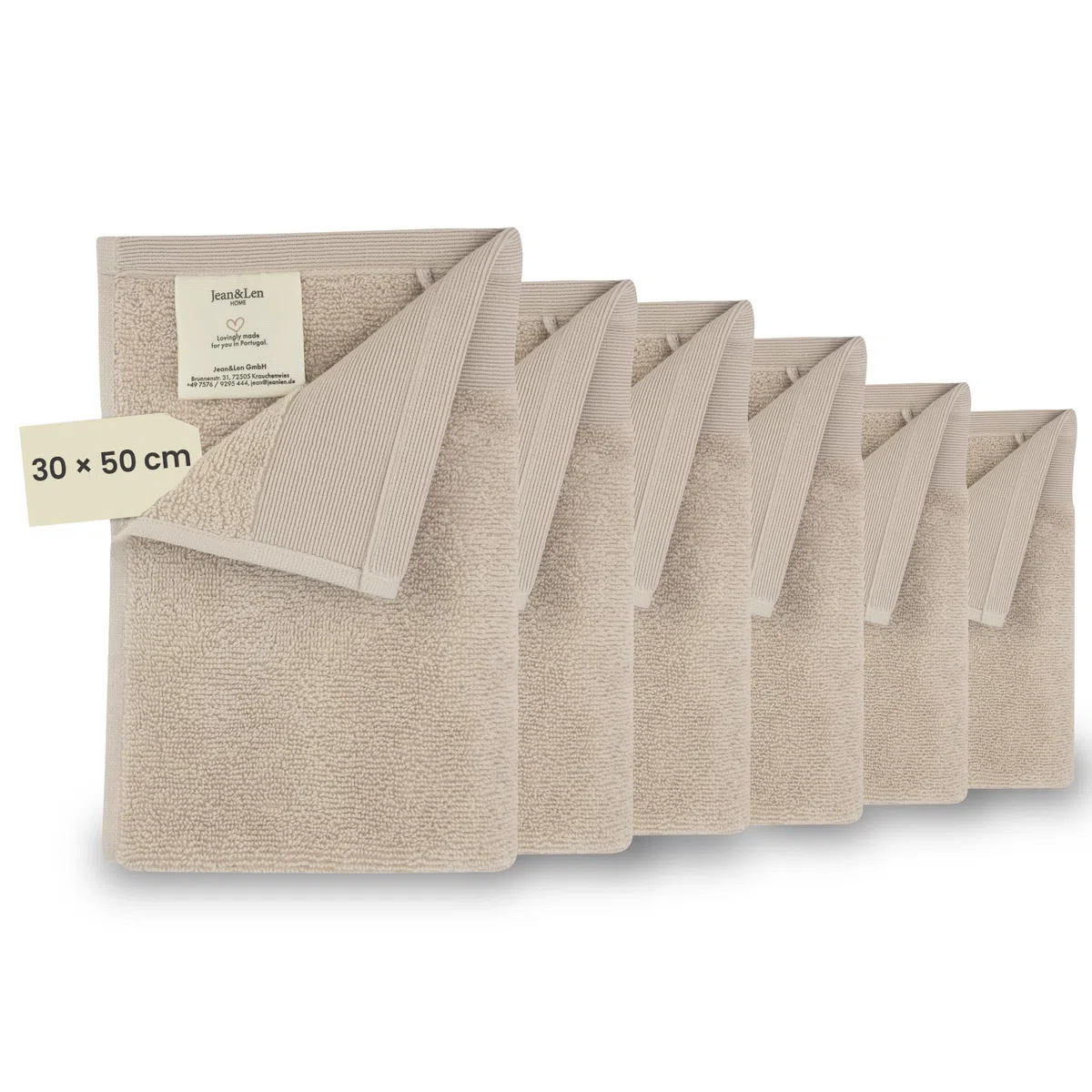 Jean & Len Gästehandtuch Set aus 100% Bio-Baumwolle, in der Farbe beige, mit Aufhänger, Oeko-TEX und GOTS Zertifiziert, Markenlabel aus veganem Leder, 6 x Gästehandtücher 30x50 cm