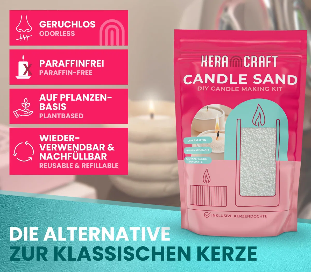 KERACRAFT Kerzensand Set weiß 1kg – Kerzensand mit Docht - Candle Pearls für DIY Kerzen