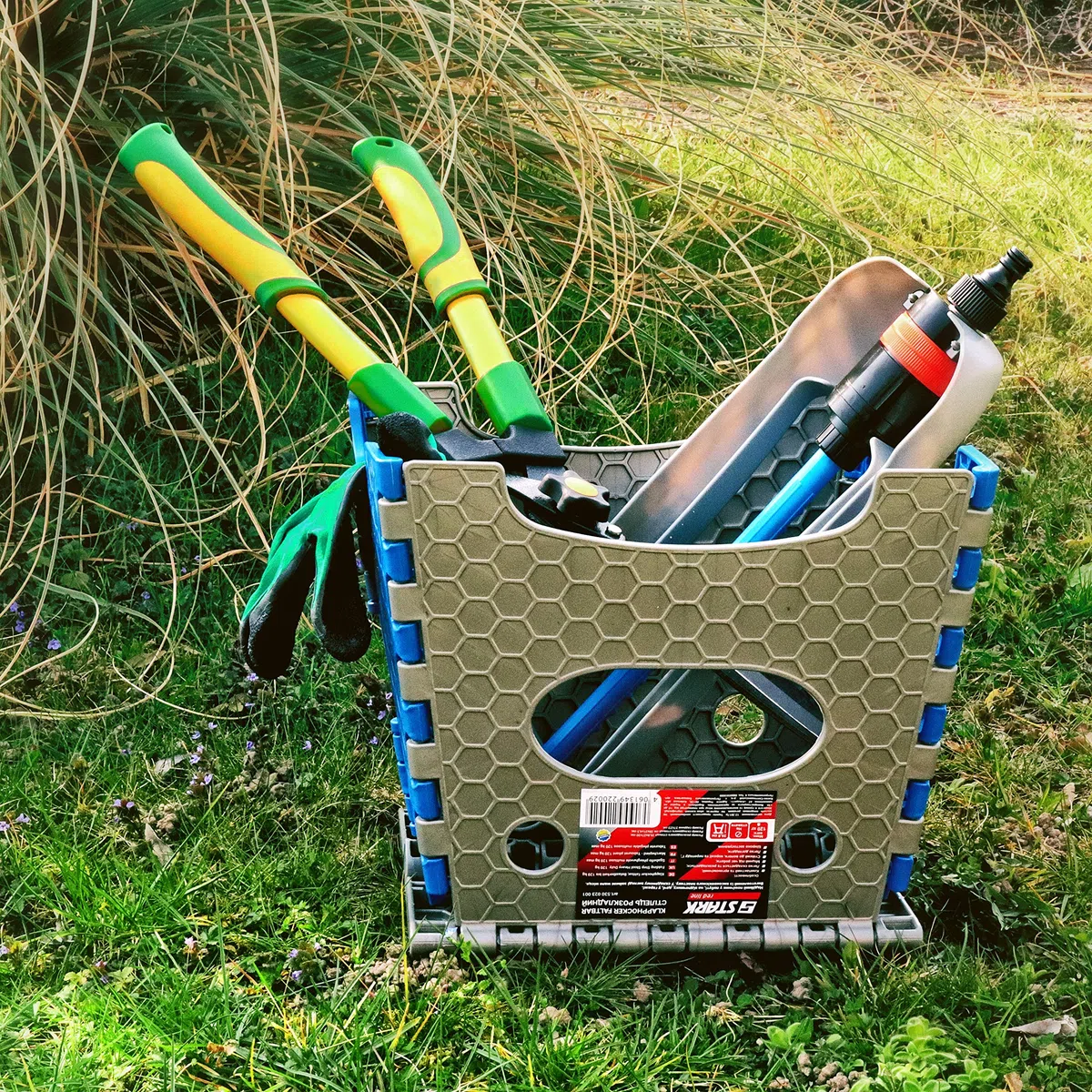 STARK Tritthocker faltbar 27 cm – Klapphocker für Kinder und Erwachsene, klappbar & stabil, rutschfest mit Griff – Faltbarer Hocker für Küche, Bad, Garten & Werkstatt, platzsparend (Grau-Blau)