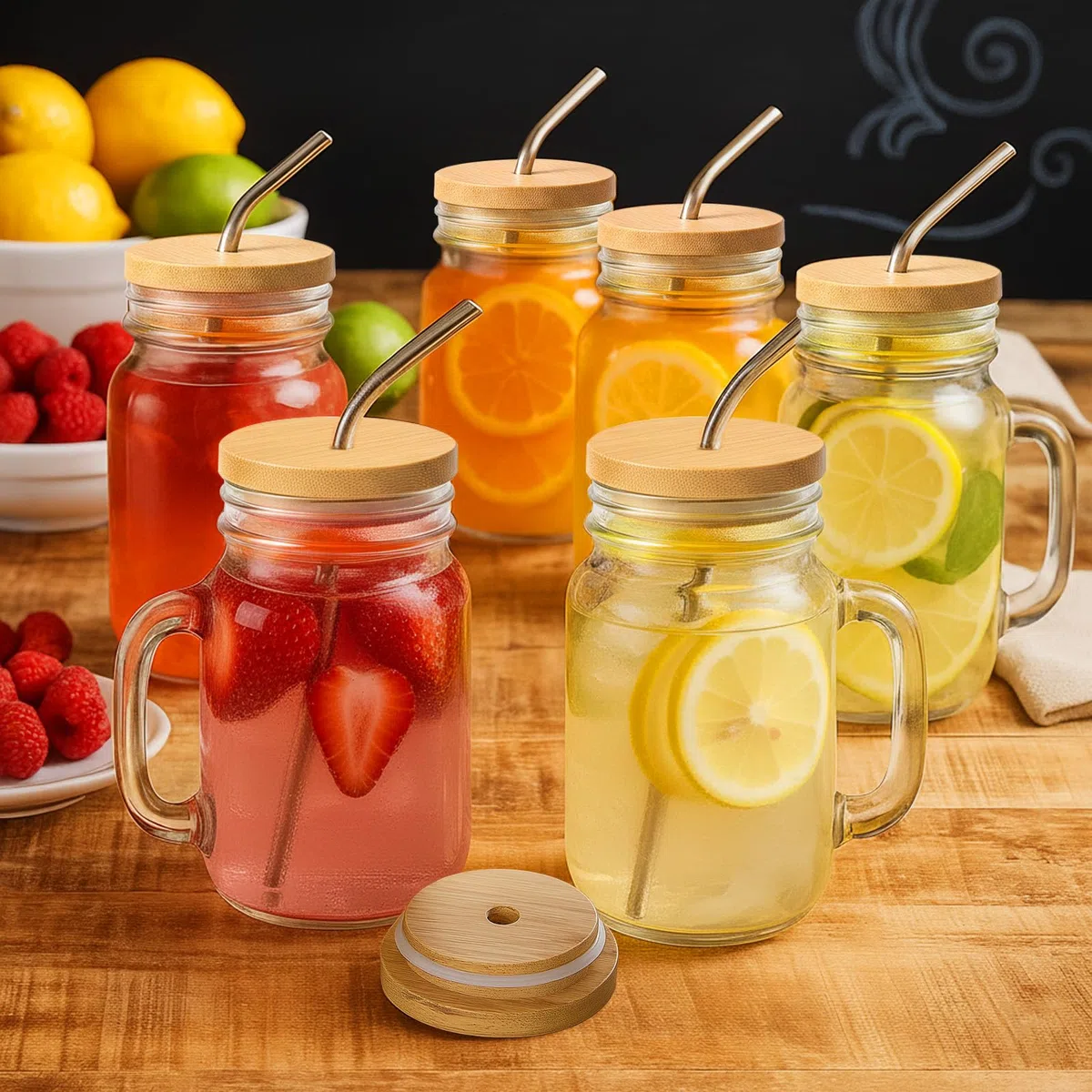 OAMCEG 6 Stück Glas mit Deckel und Strohhalm – 480ml Glasbecher mit Henkel und Holzdeckel – Wiederverwendbare Mason Jar Gläser für Saft, Iced Kaffee, Matcha, Smoothies, Kinder & Geschenk